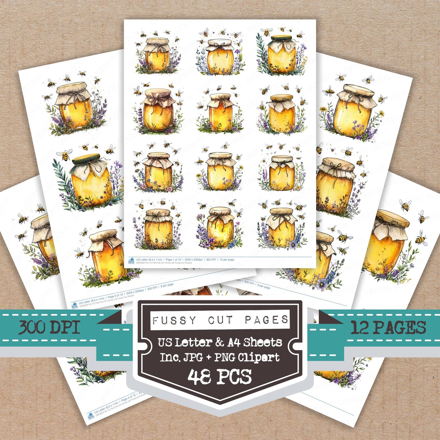 Flat Folk Art Honey Jar fussy cut printable sheets for junk journaling, scrapbooking, and paper craft projects