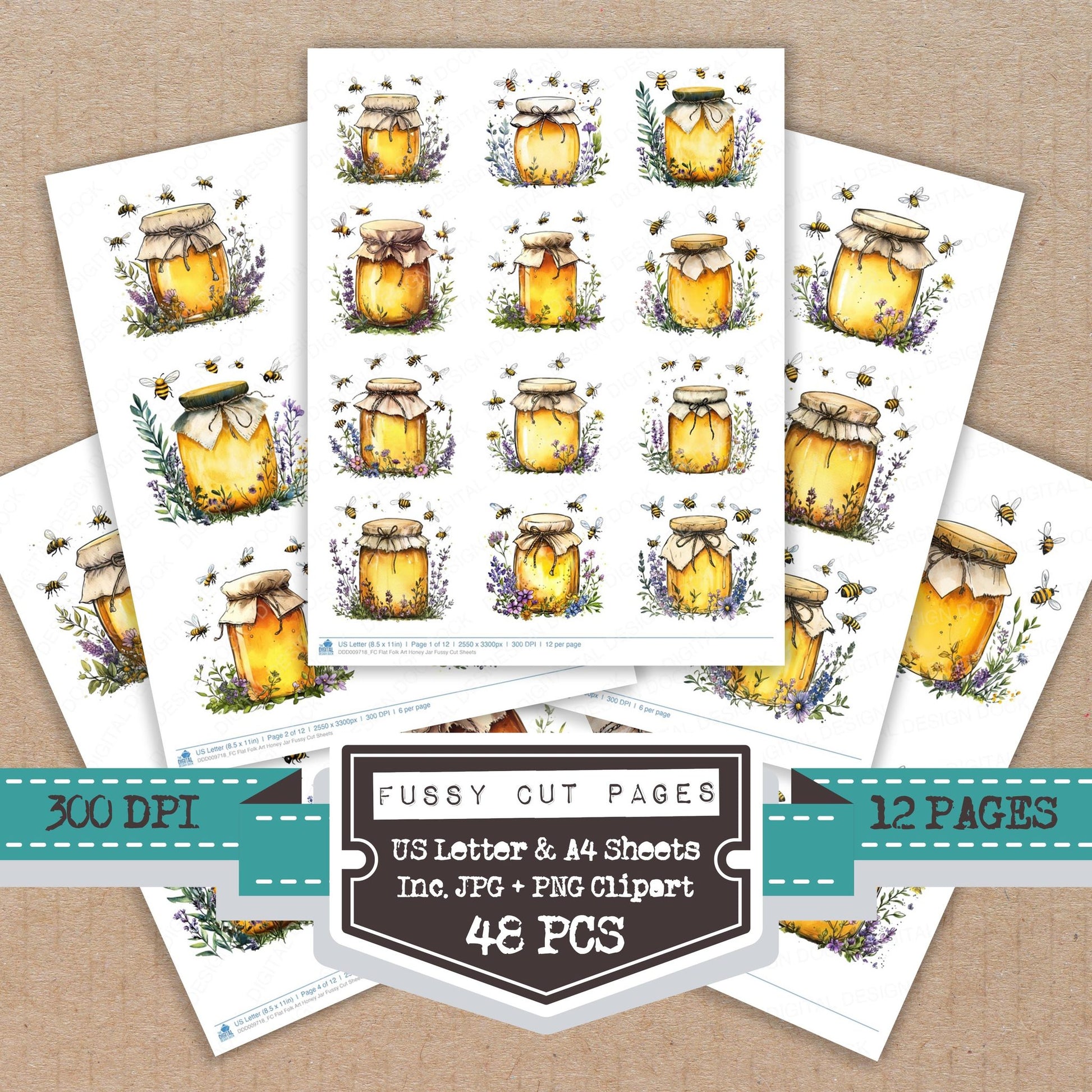 Flat Folk Art Honey Jar fussy cut printable sheets for junk journaling, scrapbooking, and paper craft projects