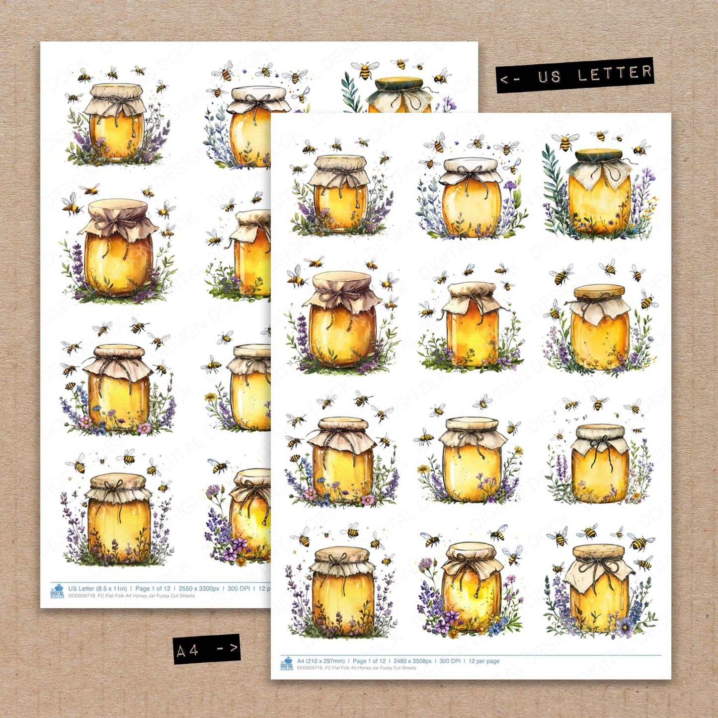 A4 and US Letter format comparison showing Flat Folk Art Honey Jar fussy cut pages for print and cut crafting