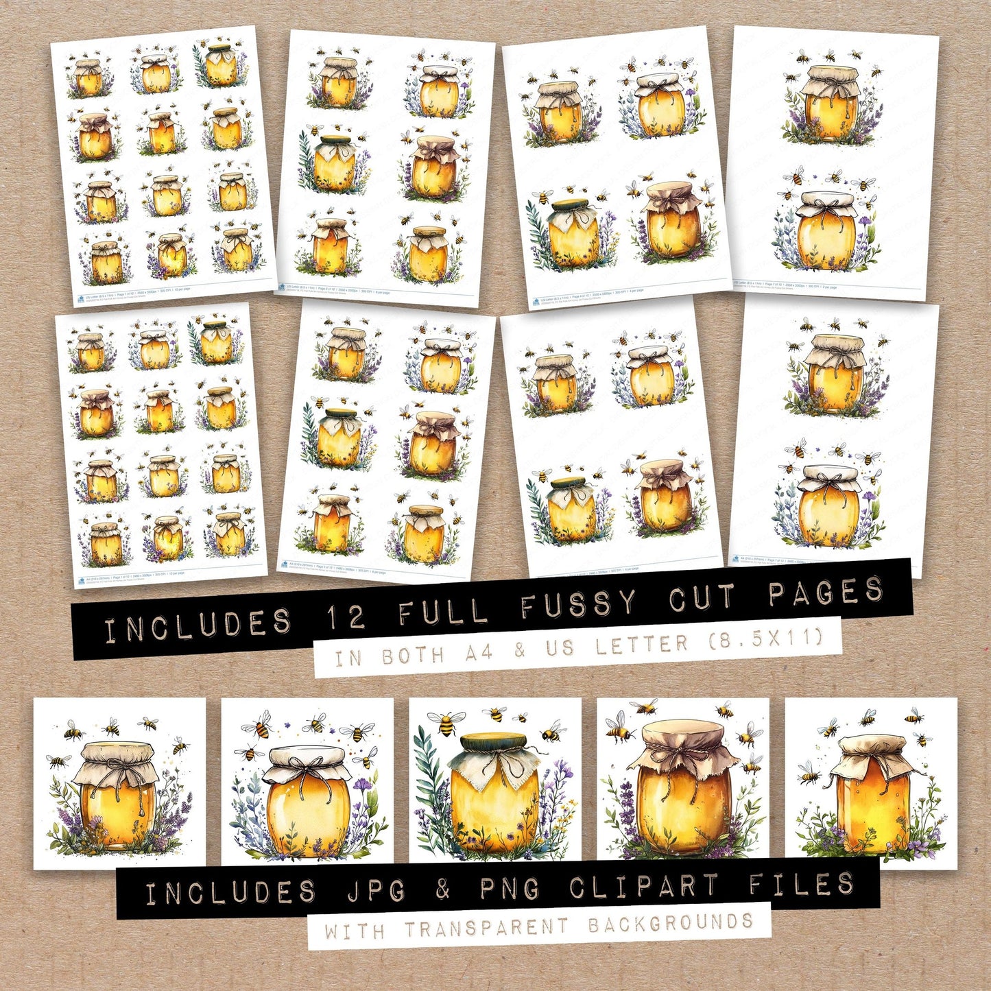 Full collection view of Flat Folk Art Honey Jar fussy cut sheets with bonus clipart JPG and PNG files