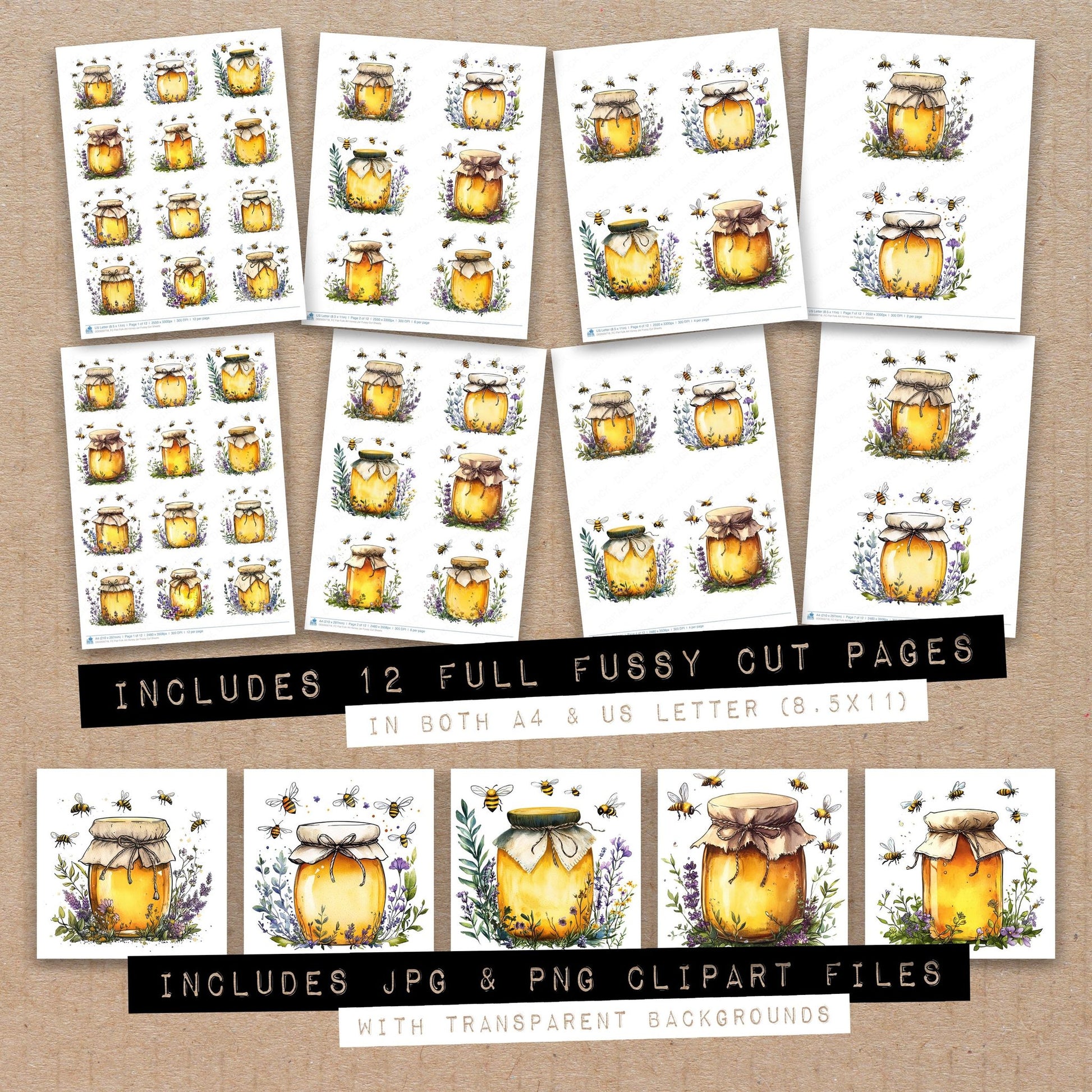 Full collection view of Flat Folk Art Honey Jar fussy cut sheets with bonus clipart JPG and PNG files