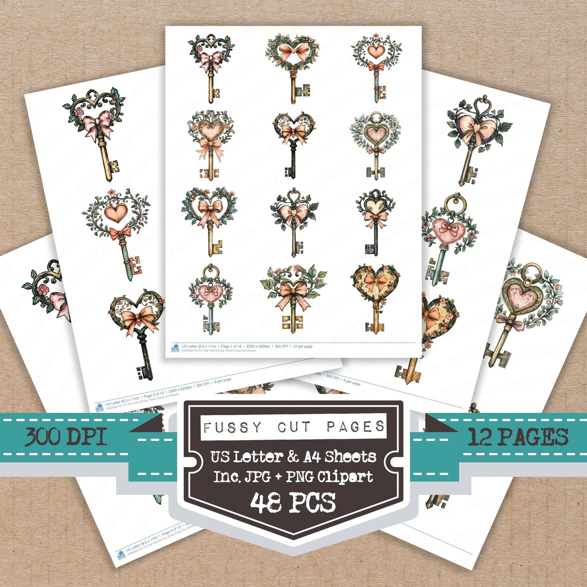 Flat Folk Art Key Vines fussy cut printable sheets for junk journaling, scrapbooking, and paper craft projects