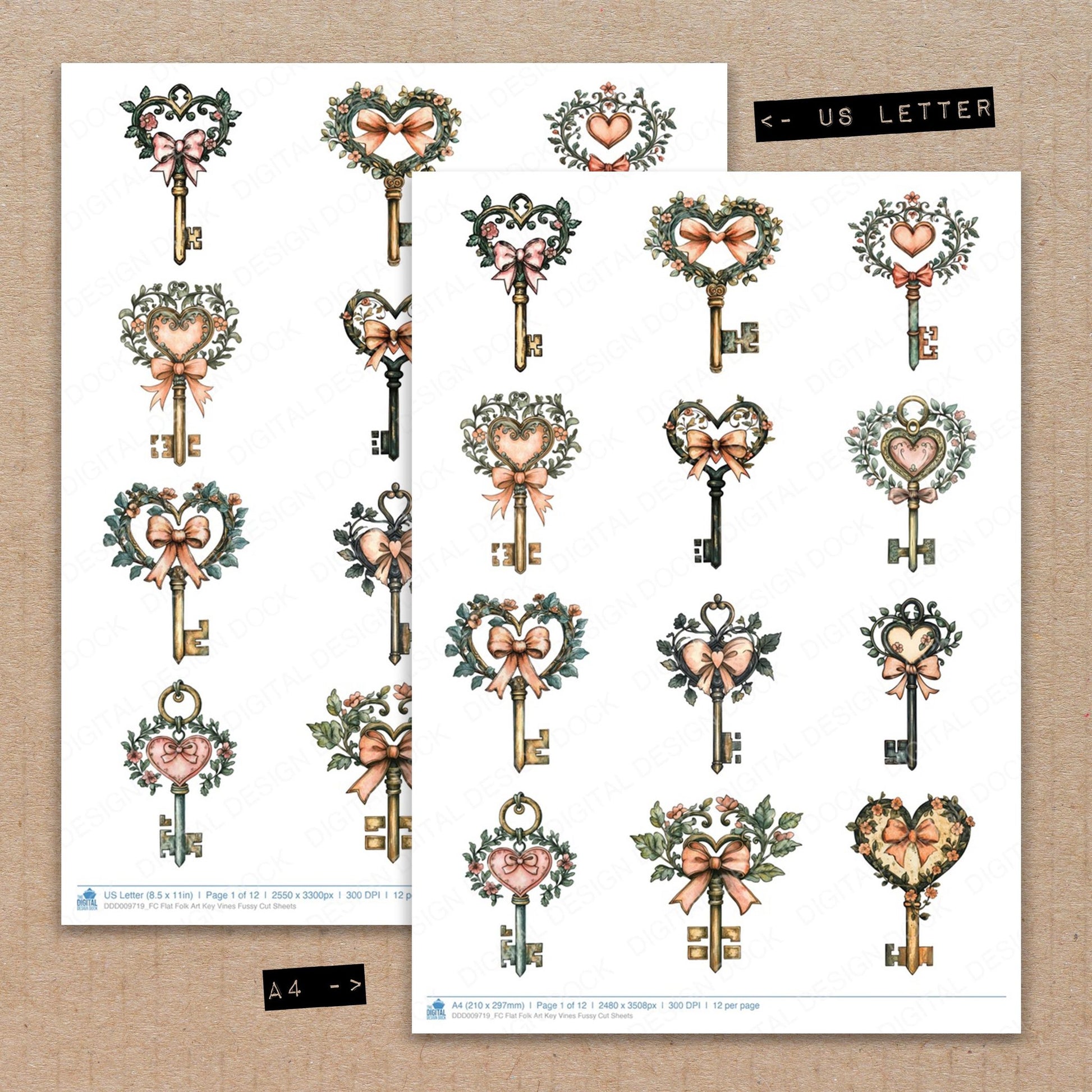 A4 and US Letter format comparison showing Flat Folk Art Key Vines fussy cut pages for print and cut crafting