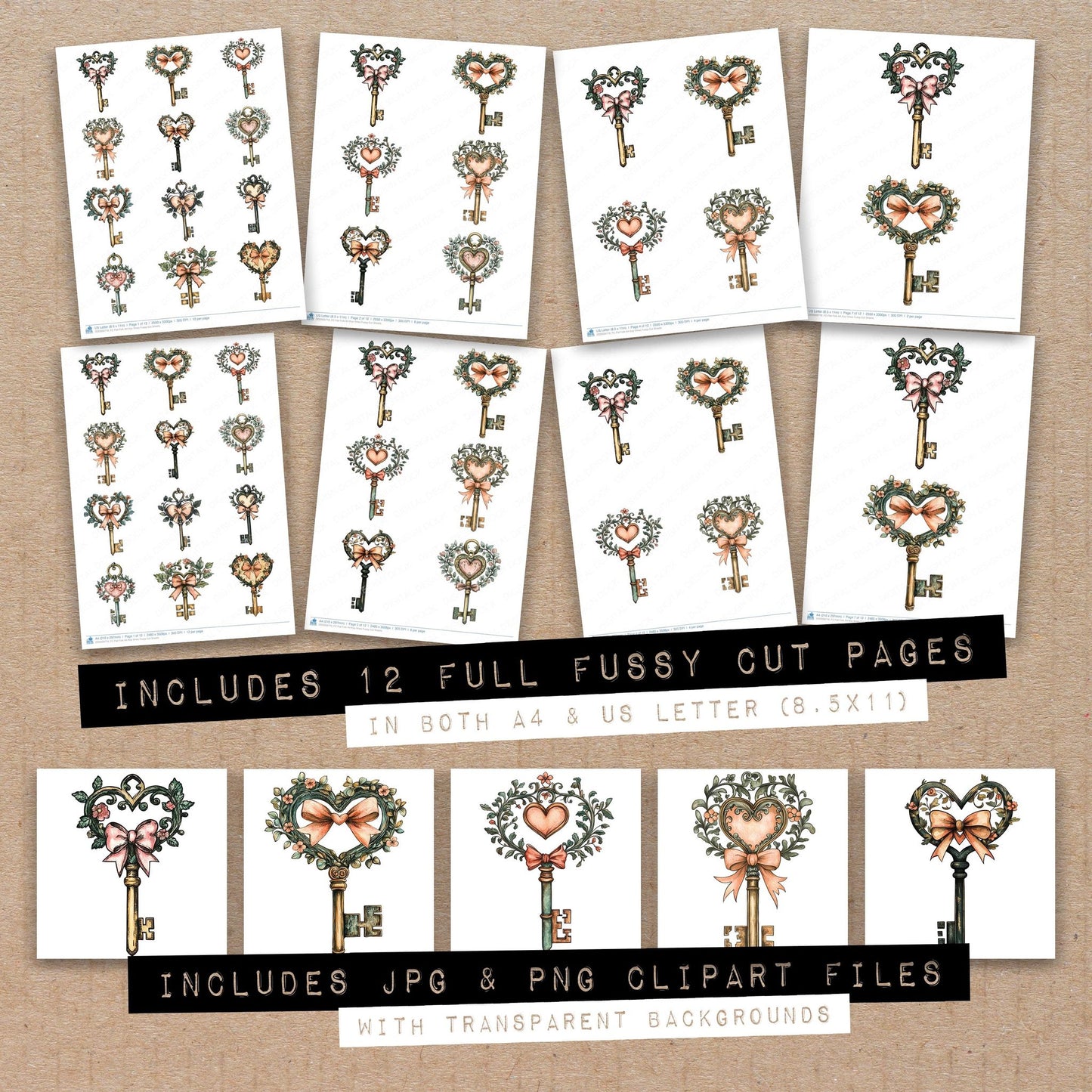 Full collection view of Flat Folk Art Key Vines fussy cut sheets with bonus clipart JPG and PNG files