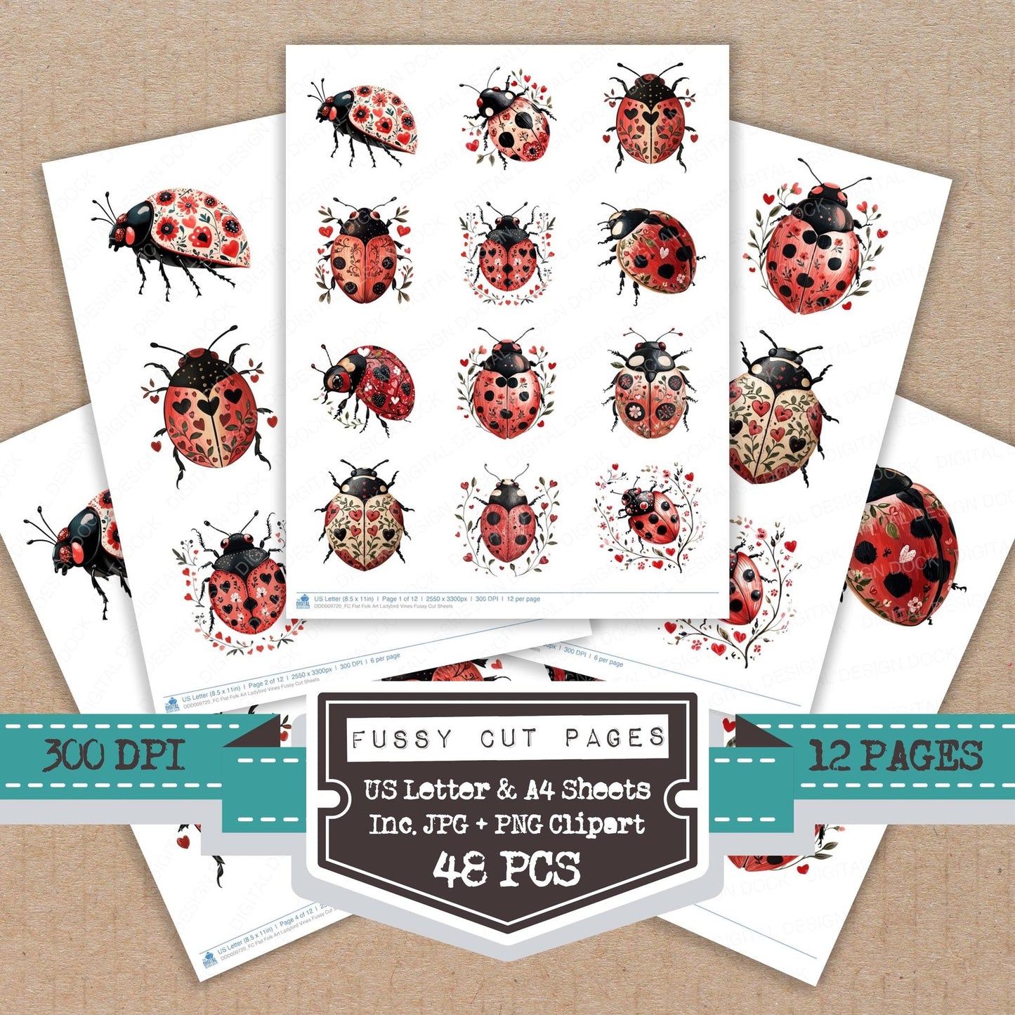 Flat Folk Art Ladybird Vines Fussy Cut Sheets (DDD009720)