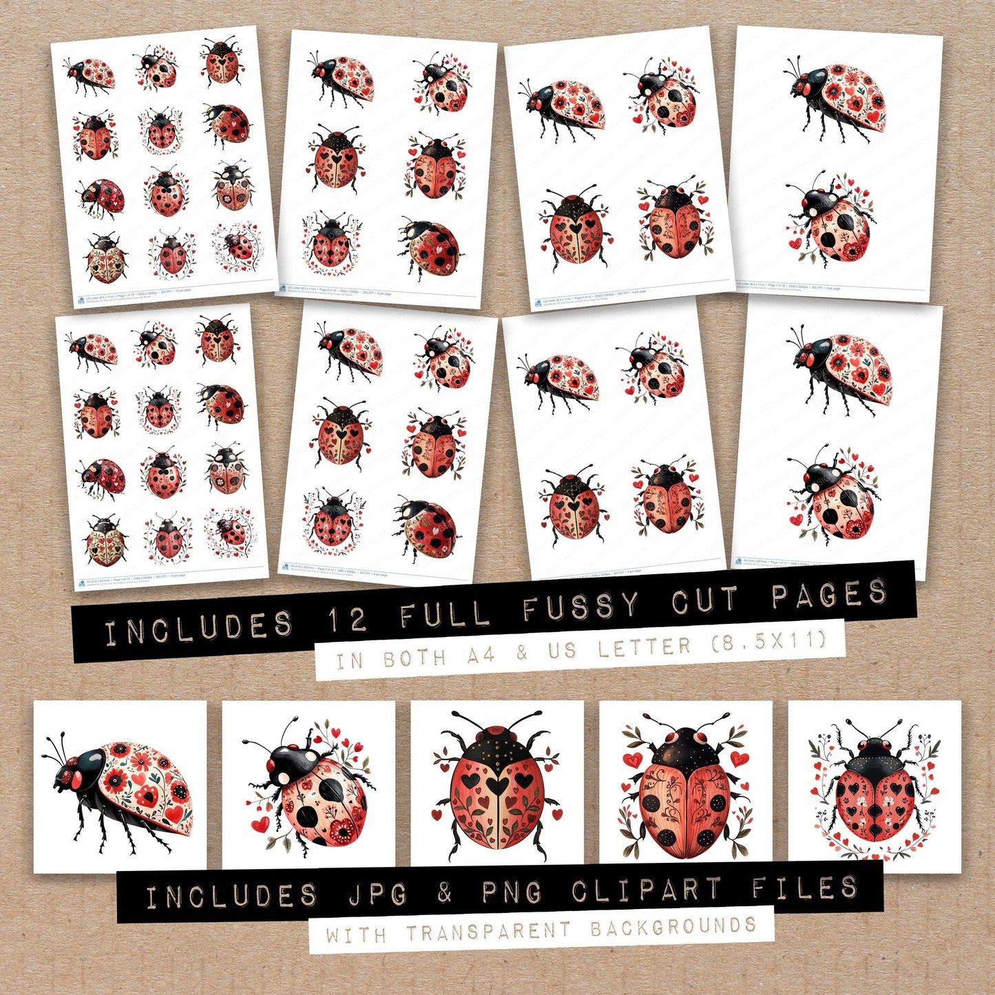 Flat Folk Art Ladybird Vines Fussy Cut Sheets (DDD009720)