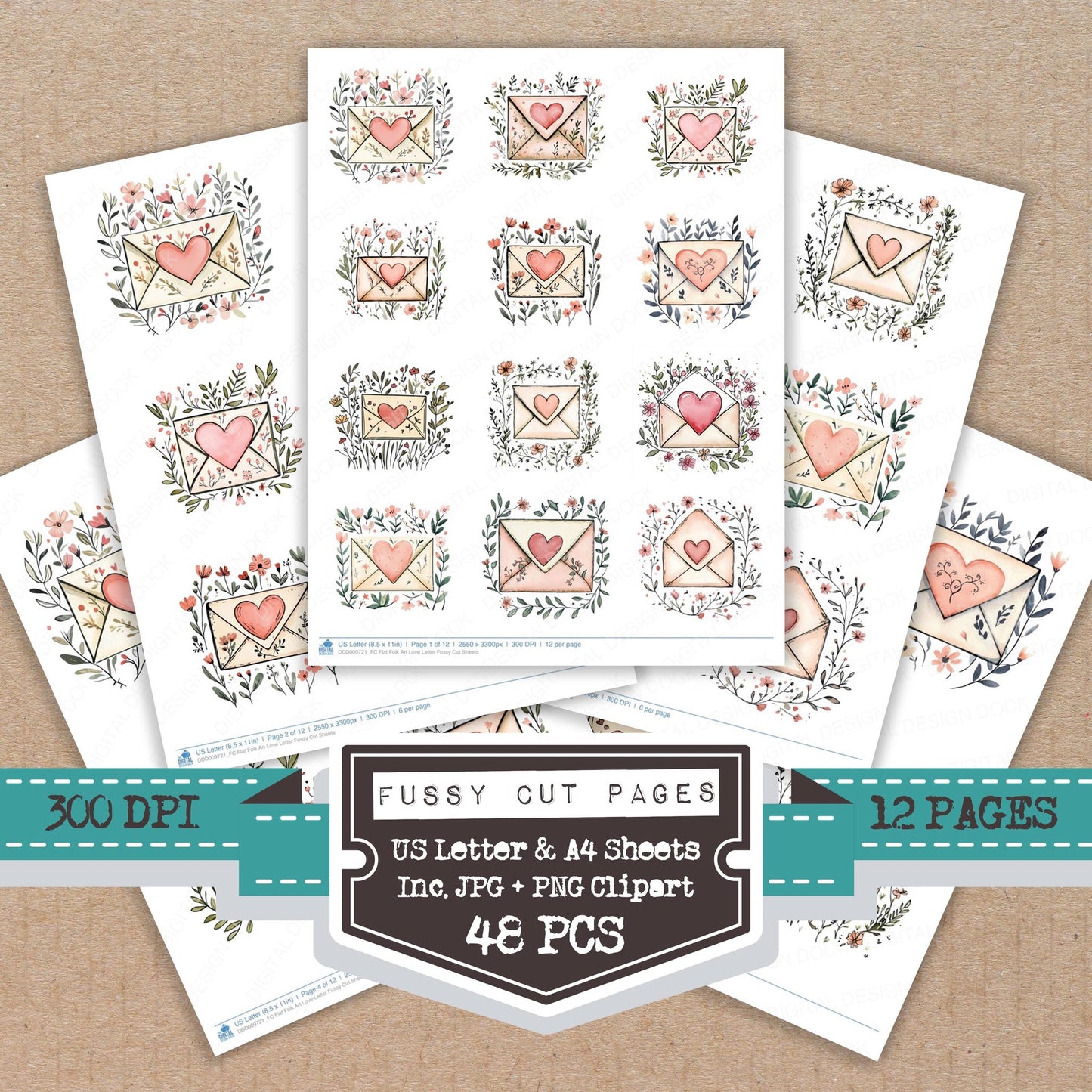 Flat Folk Art Love Letter fussy cut printable sheets for junk journaling, scrapbooking, and paper craft projects