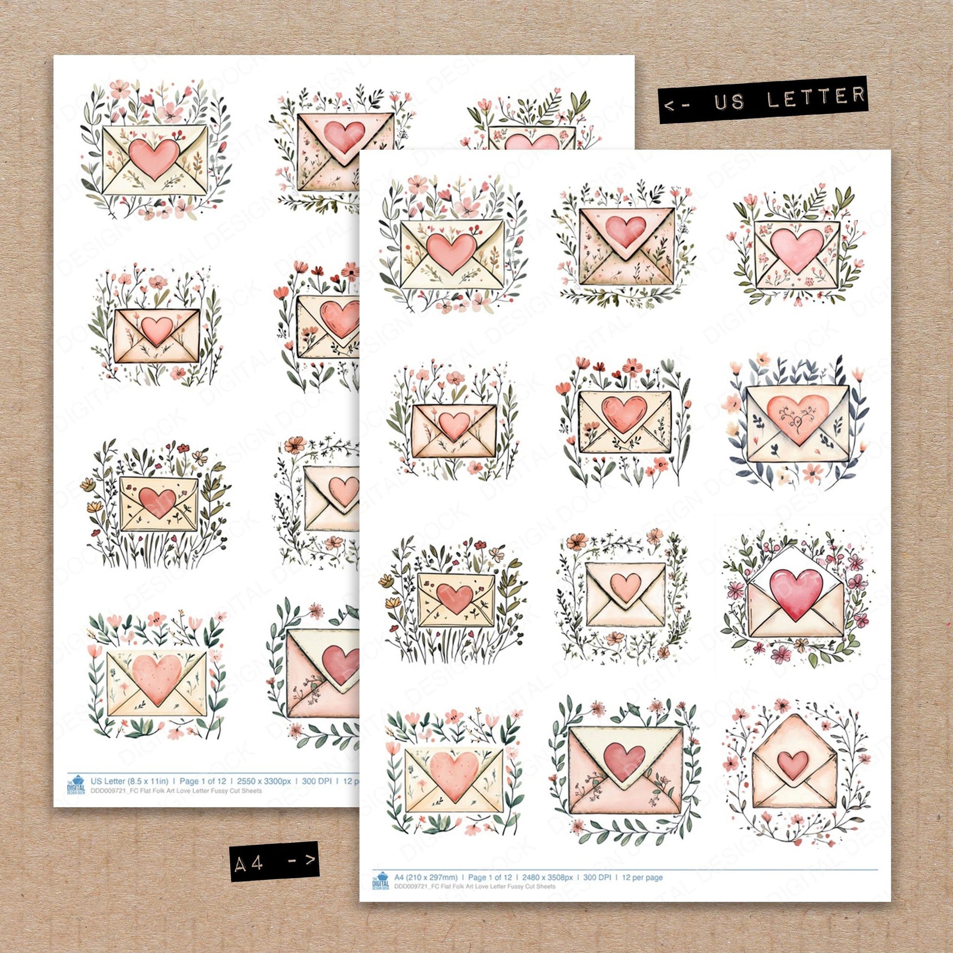 A4 and US Letter format comparison showing Flat Folk Art Love Letter fussy cut pages for print and cut crafting