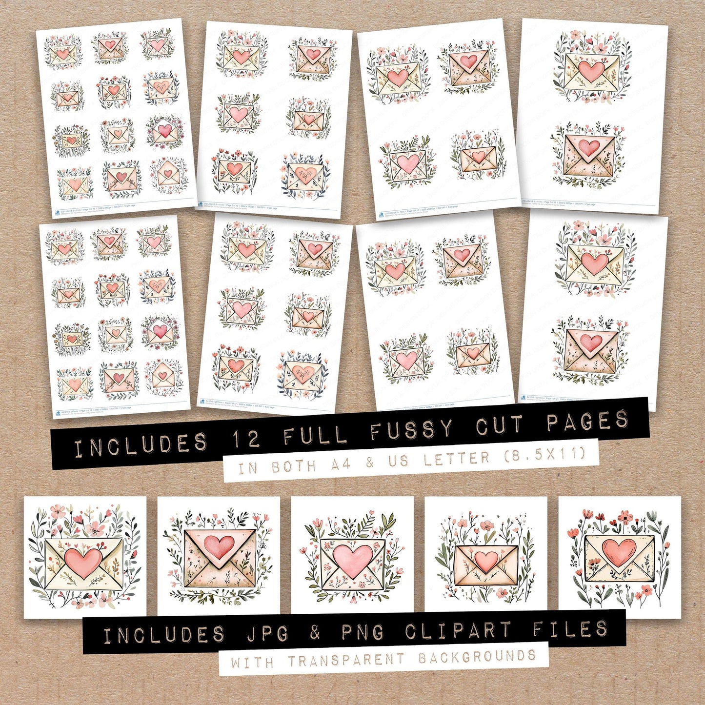 Full collection view of Flat Folk Art Love Letter fussy cut sheets with bonus clipart JPG and PNG files