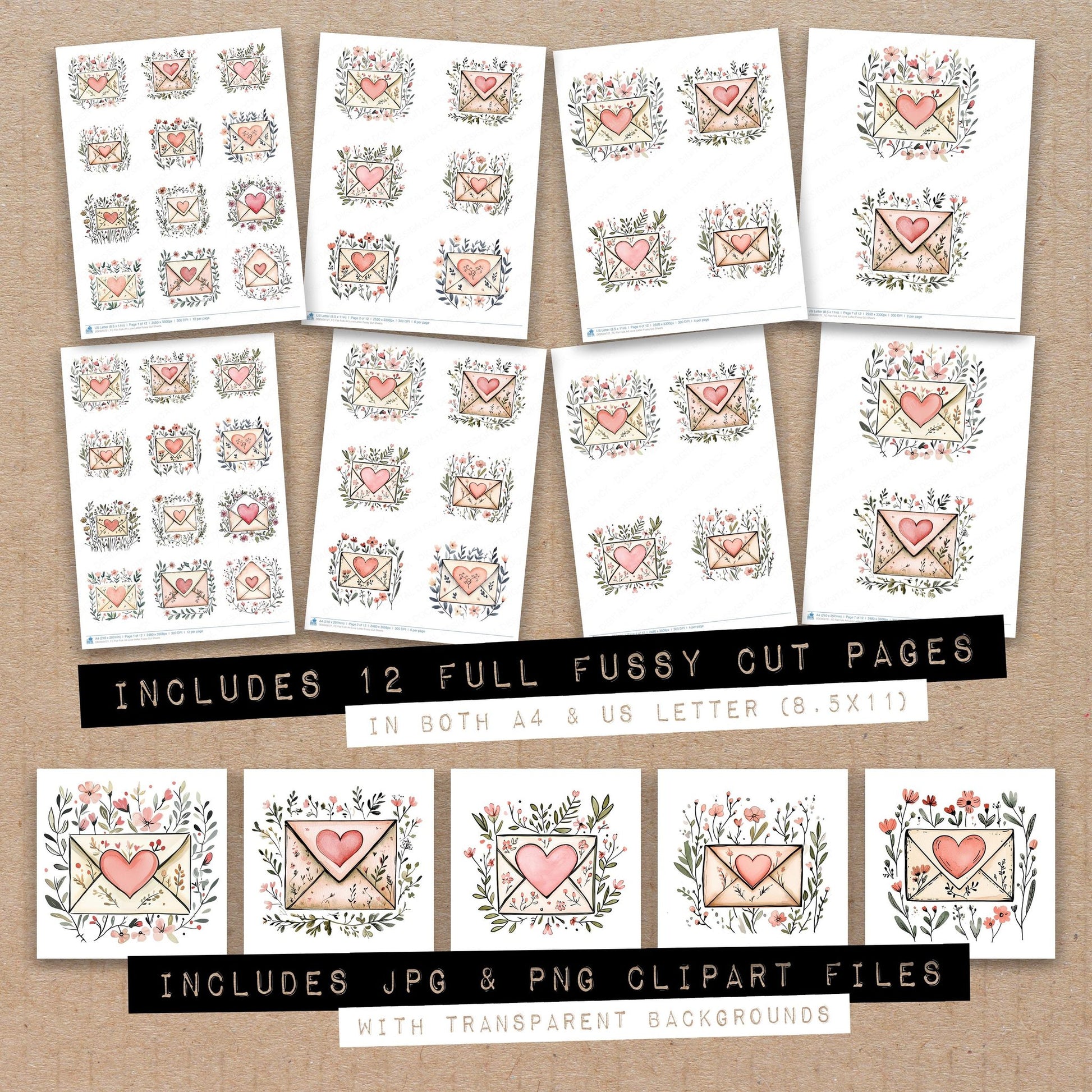 Full collection view of Flat Folk Art Love Letter fussy cut sheets with bonus clipart JPG and PNG files