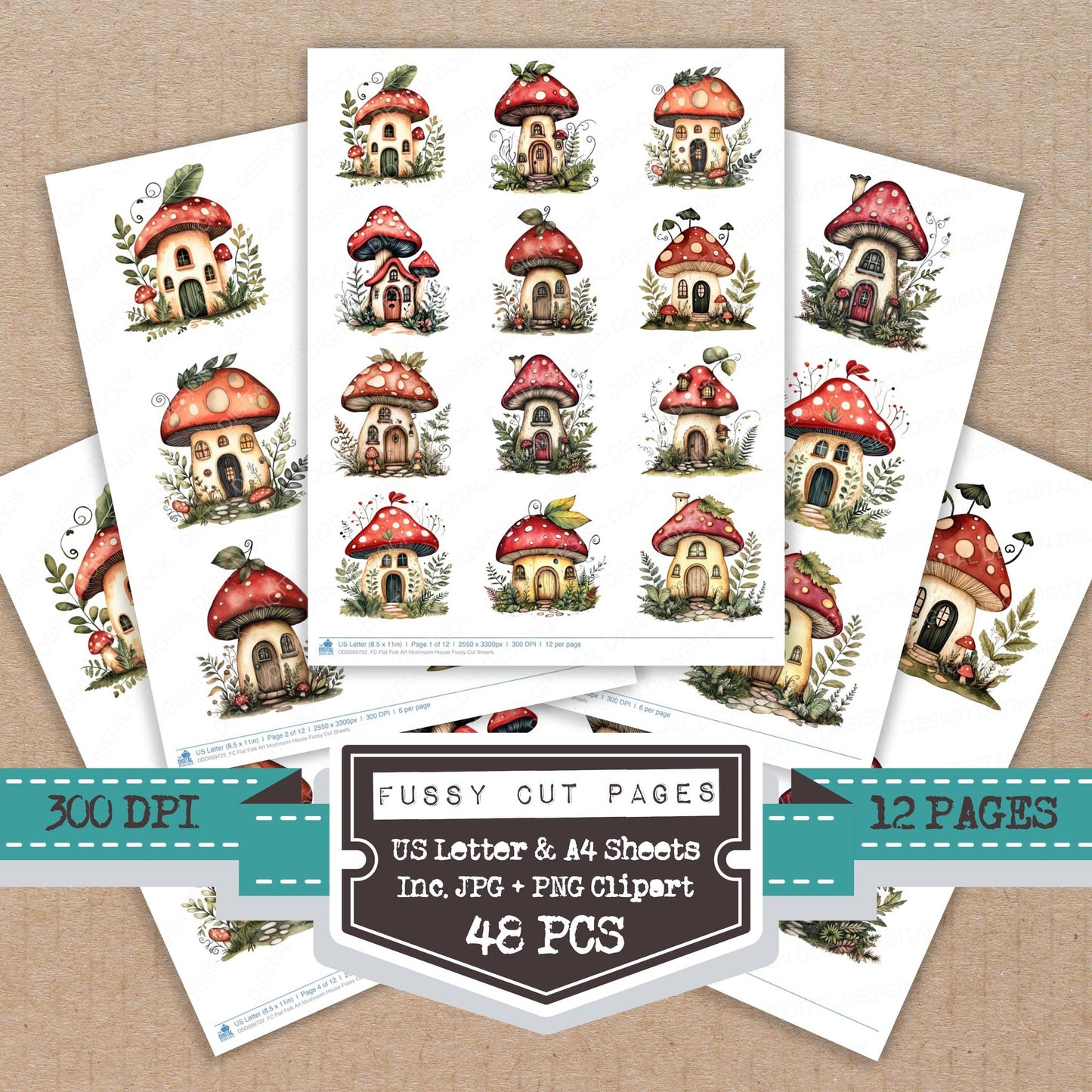 Flat Folk Art Mushroom House fussy cut printable sheets for junk journaling, scrapbooking, and paper craft projects