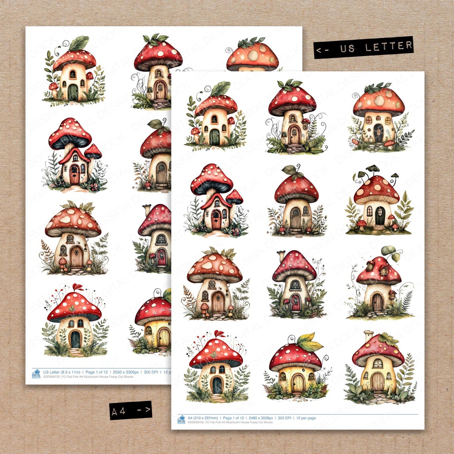 A4 and US Letter format comparison showing Flat Folk Art Mushroom House fussy cut pages for print and cut crafting