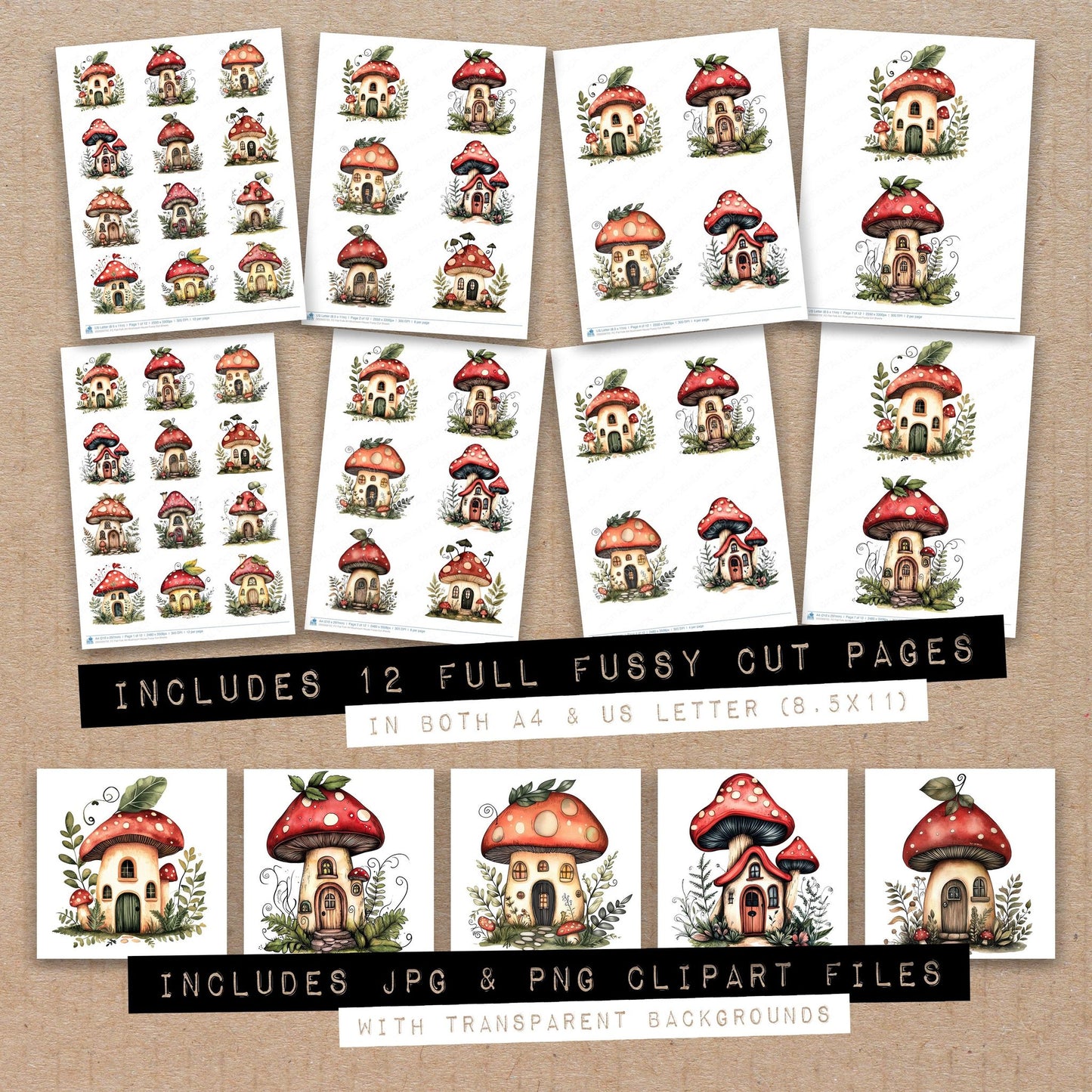 Full collection view of Flat Folk Art Mushroom House fussy cut sheets with bonus clipart JPG and PNG files