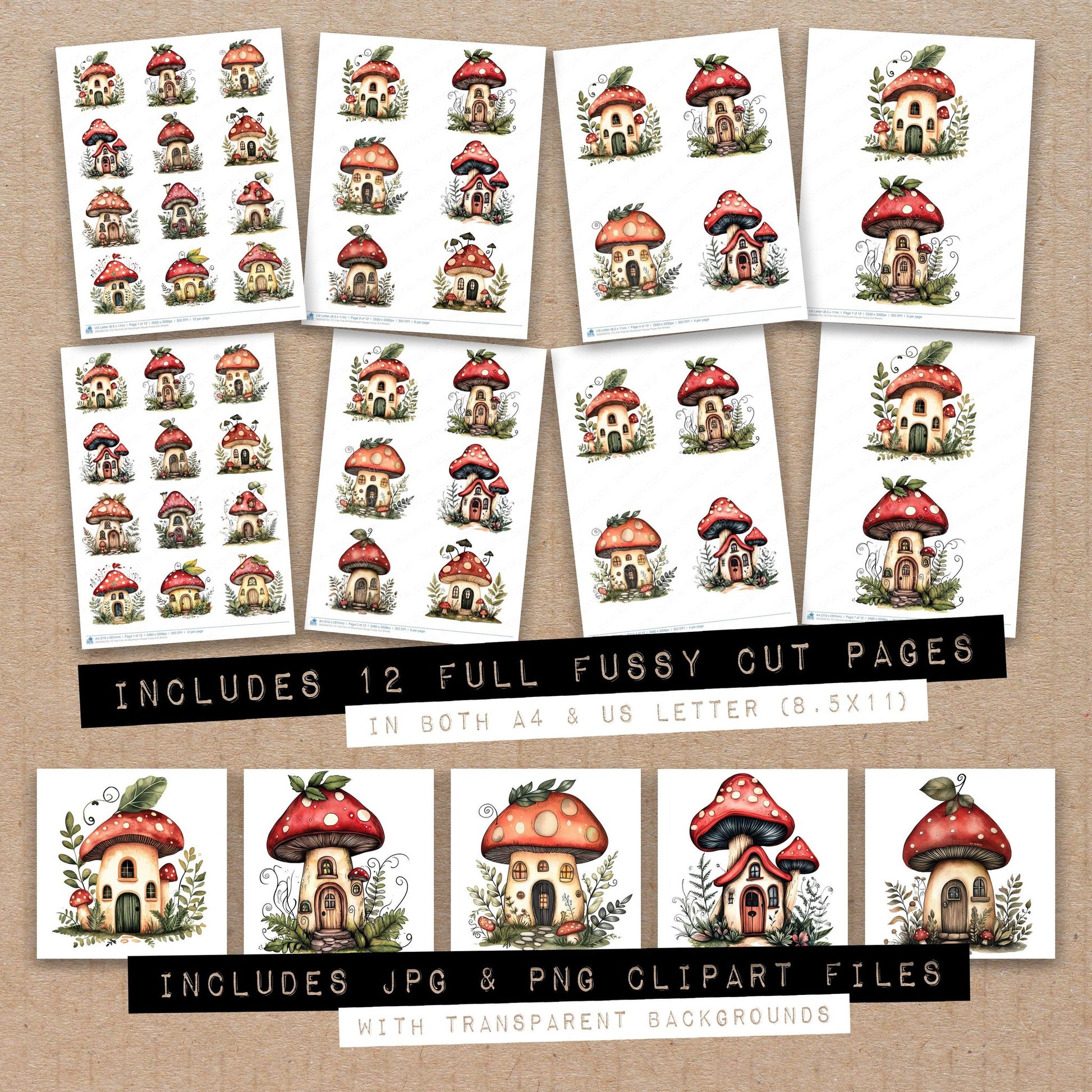 Full collection view of Flat Folk Art Mushroom House fussy cut sheets with bonus clipart JPG and PNG files
