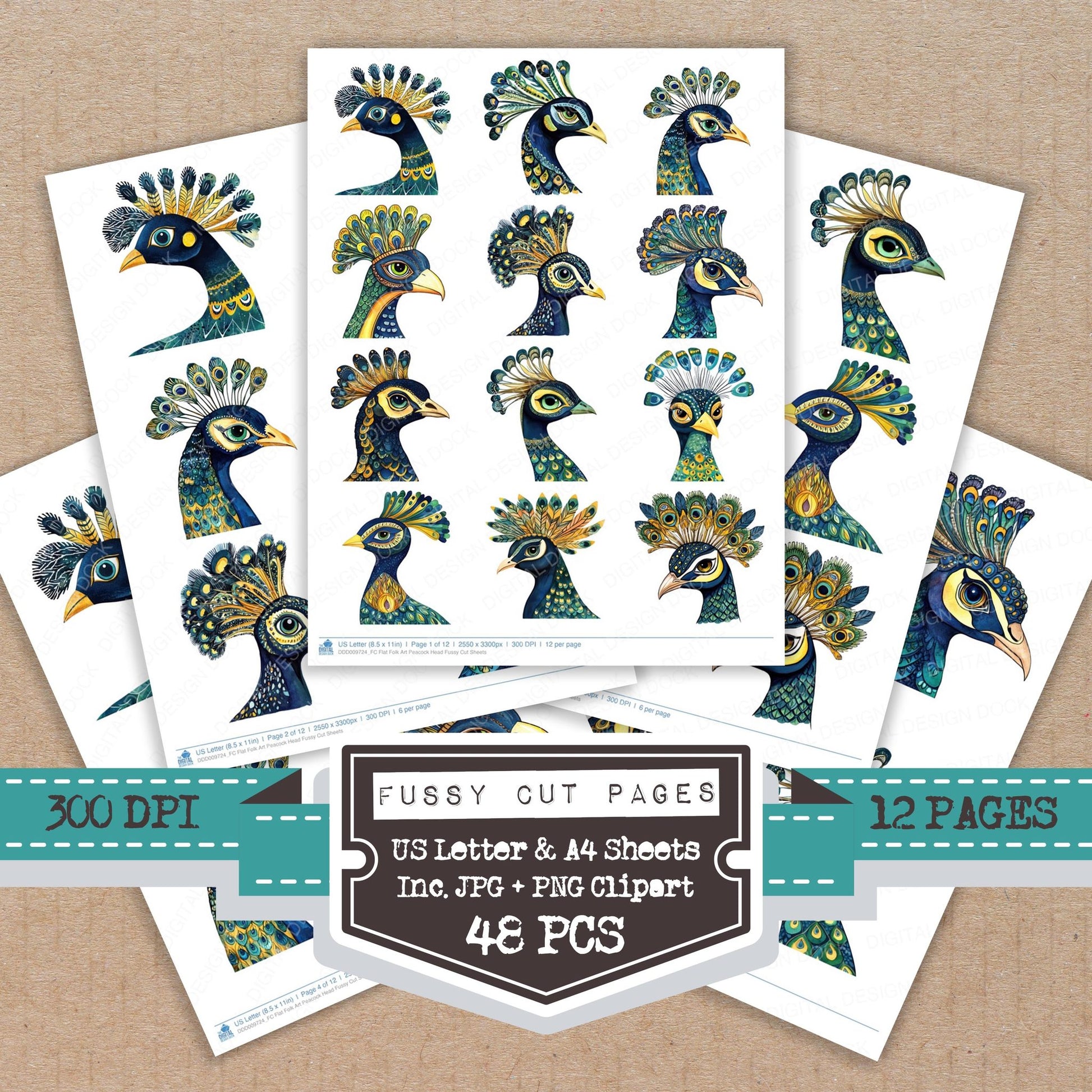 Flat Folk Art Peacock Head fussy cut printable sheets for junk journaling, scrapbooking, and paper craft projects