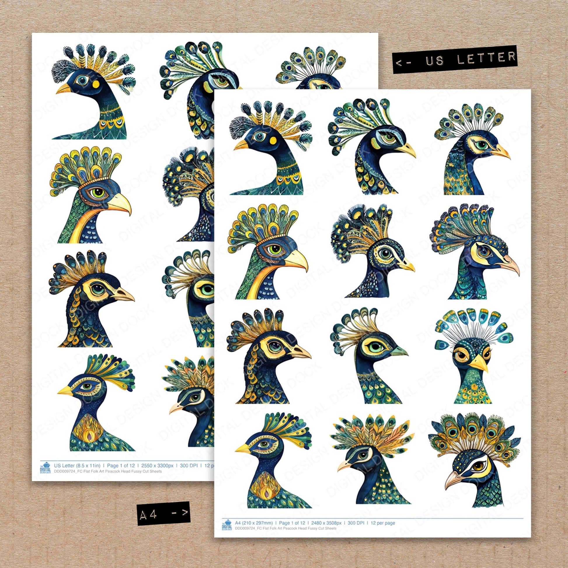 A4 and US Letter format comparison showing Flat Folk Art Peacock Head fussy cut pages for print and cut crafting
