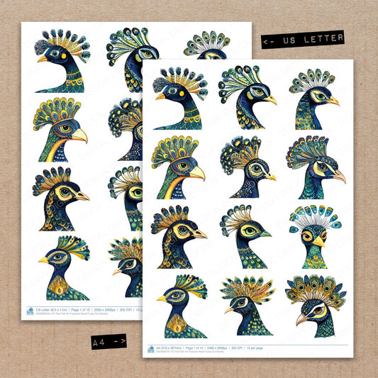 A4 and US Letter format comparison showing Flat Folk Art Peacock Head fussy cut pages for print and cut crafting