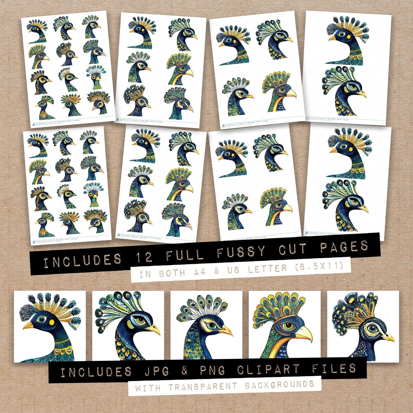 Full collection view of Flat Folk Art Peacock Head fussy cut sheets with bonus clipart JPG and PNG files