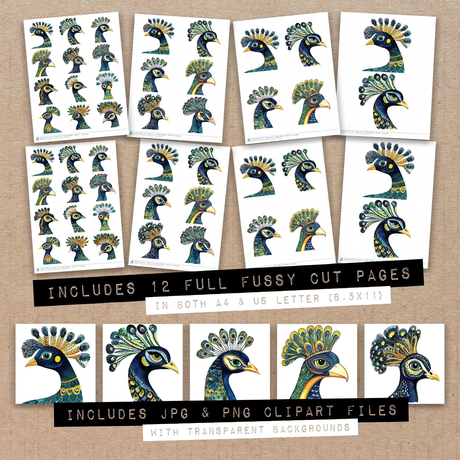 Full collection view of Flat Folk Art Peacock Head fussy cut sheets with bonus clipart JPG and PNG files