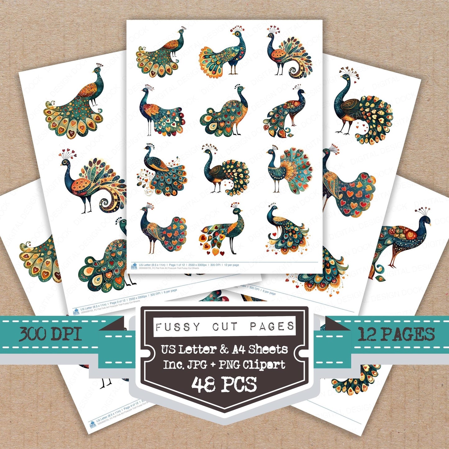 Flat Folk Art Peacock Trail Fussy Cut Sheets (DDD009725)