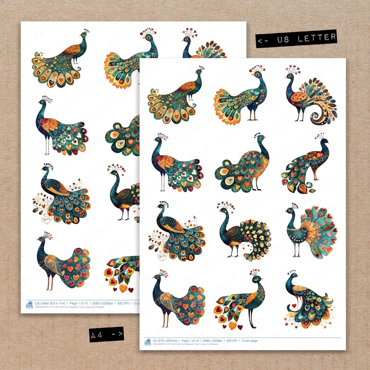 Flat Folk Art Peacock Trail Fussy Cut Sheets (DDD009725)