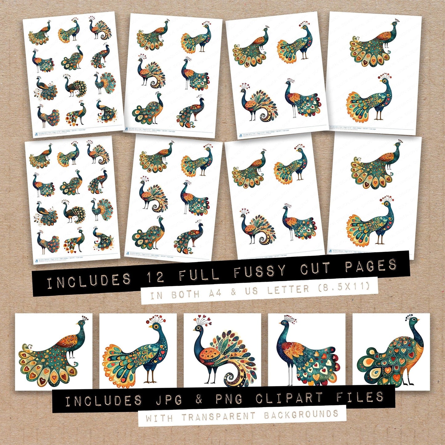 Flat Folk Art Peacock Trail Fussy Cut Sheets (DDD009725)
