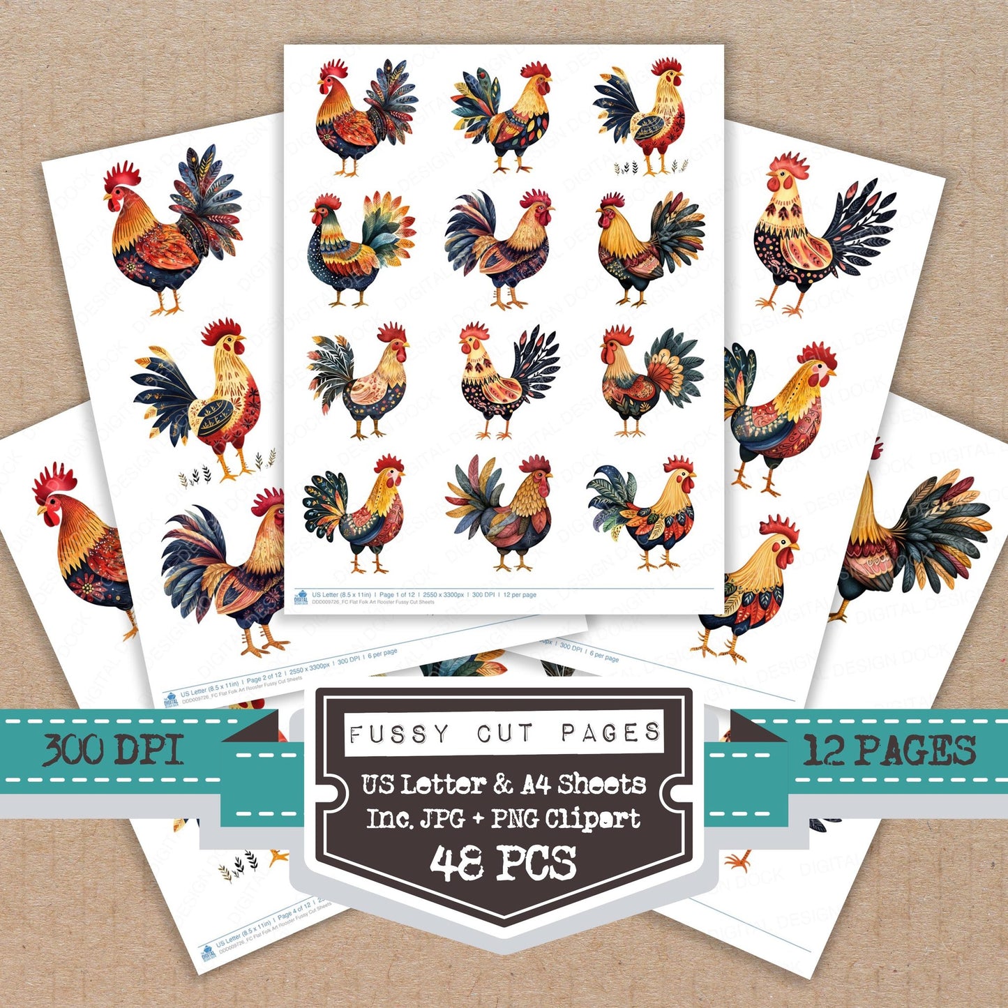 Flat Folk Art Rooster fussy cut printable sheets for junk journaling, scrapbooking, and paper craft projects