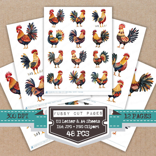 Flat Folk Art Rooster fussy cut printable sheets for junk journaling, scrapbooking, and paper craft projects