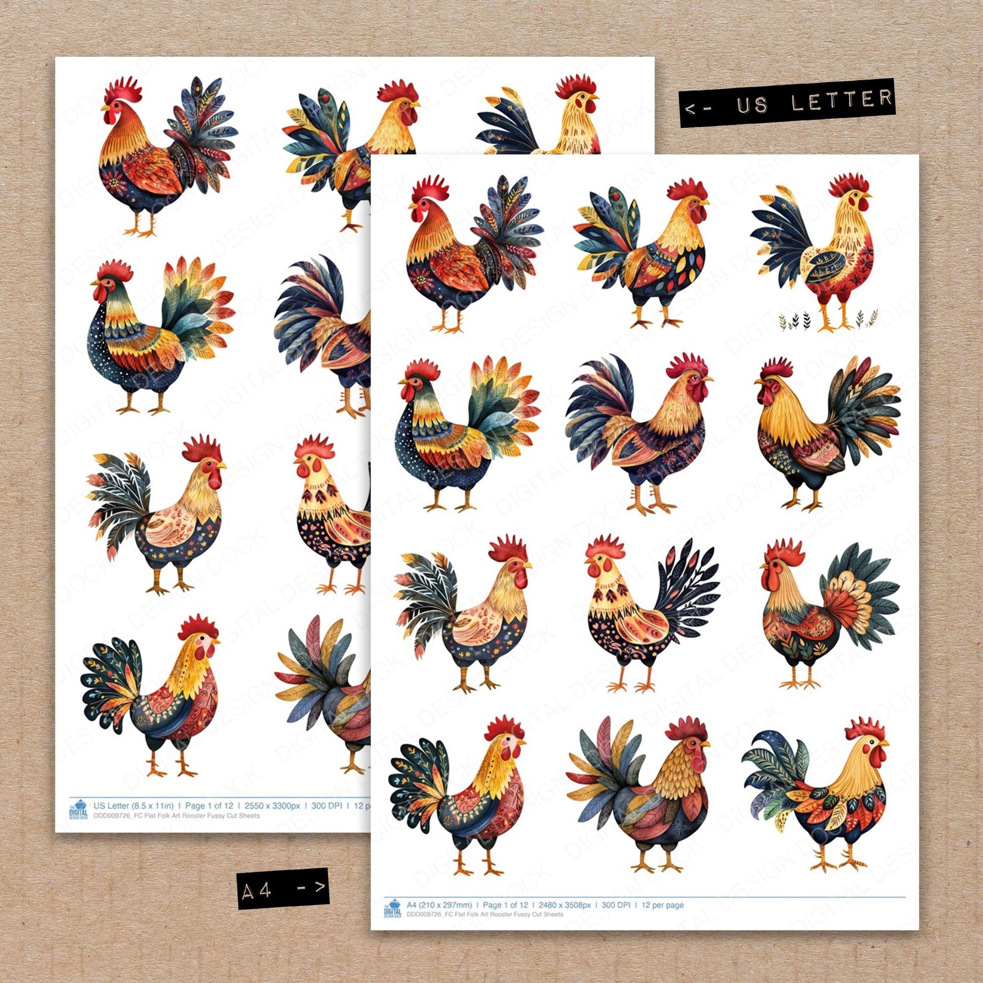 A4 and US Letter format comparison showing Flat Folk Art Rooster fussy cut pages for print and cut crafting