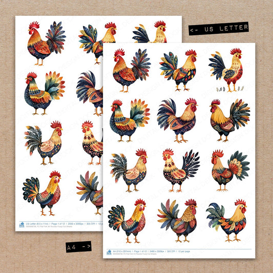 A4 and US Letter format comparison showing Flat Folk Art Rooster fussy cut pages for print and cut crafting