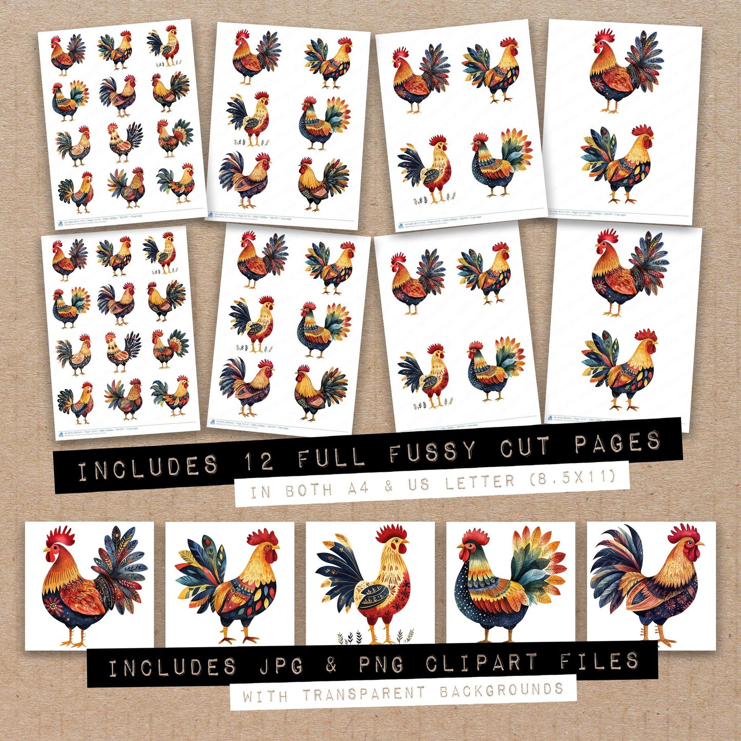 Full collection view of Flat Folk Art Rooster fussy cut sheets with bonus clipart JPG and PNG files