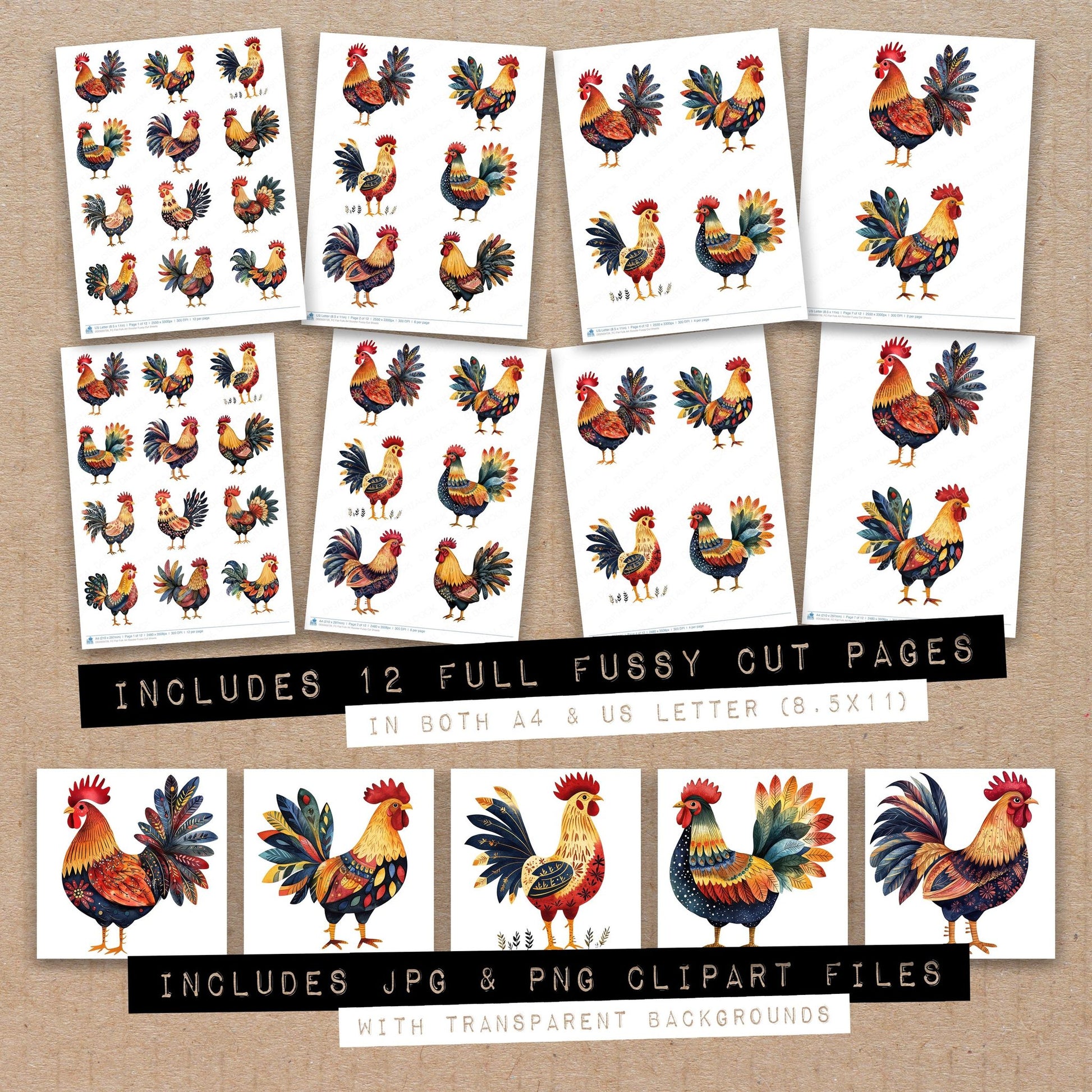 Full collection view of Flat Folk Art Rooster fussy cut sheets with bonus clipart JPG and PNG files