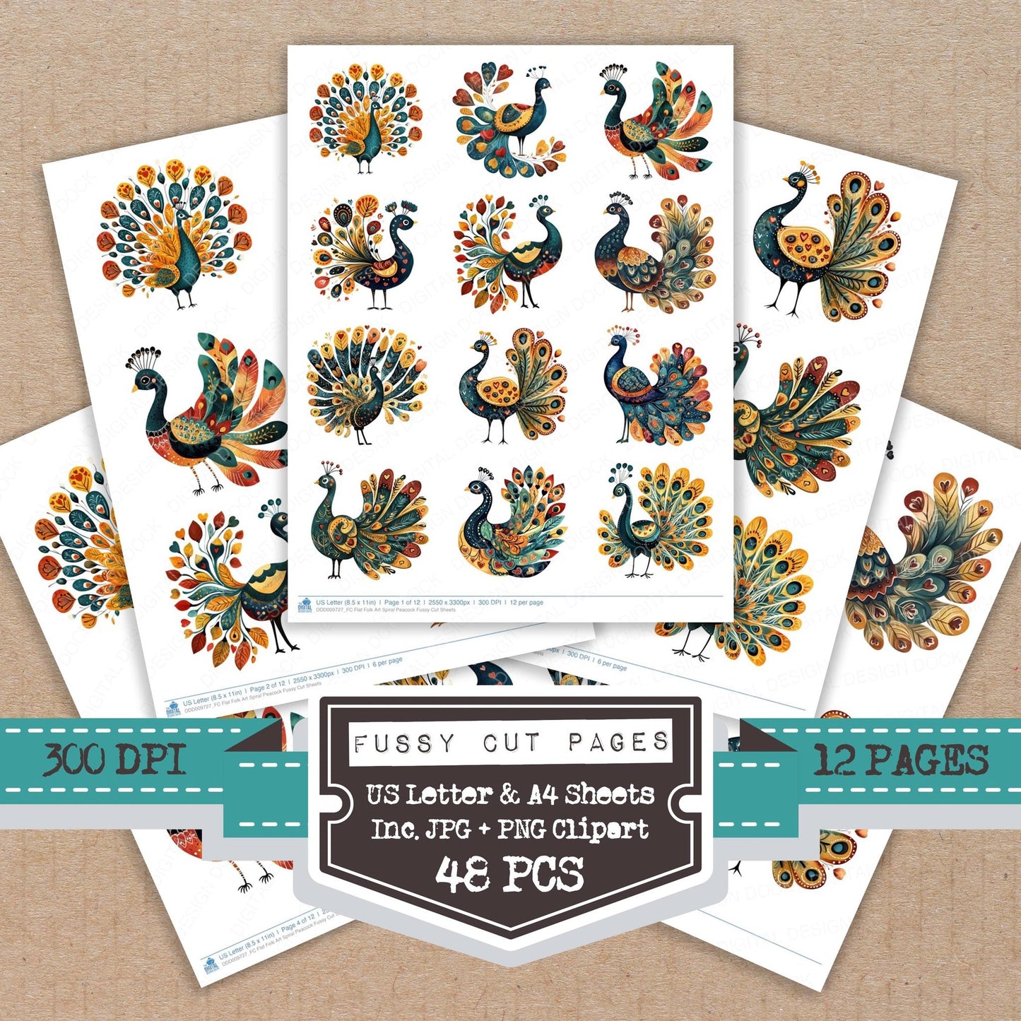 Flat Folk Art Spiral Peacock Fussy Cut Sheets (DDD009727)