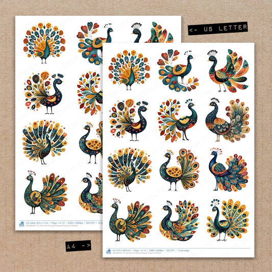 Flat Folk Art Spiral Peacock Fussy Cut Sheets (DDD009727)