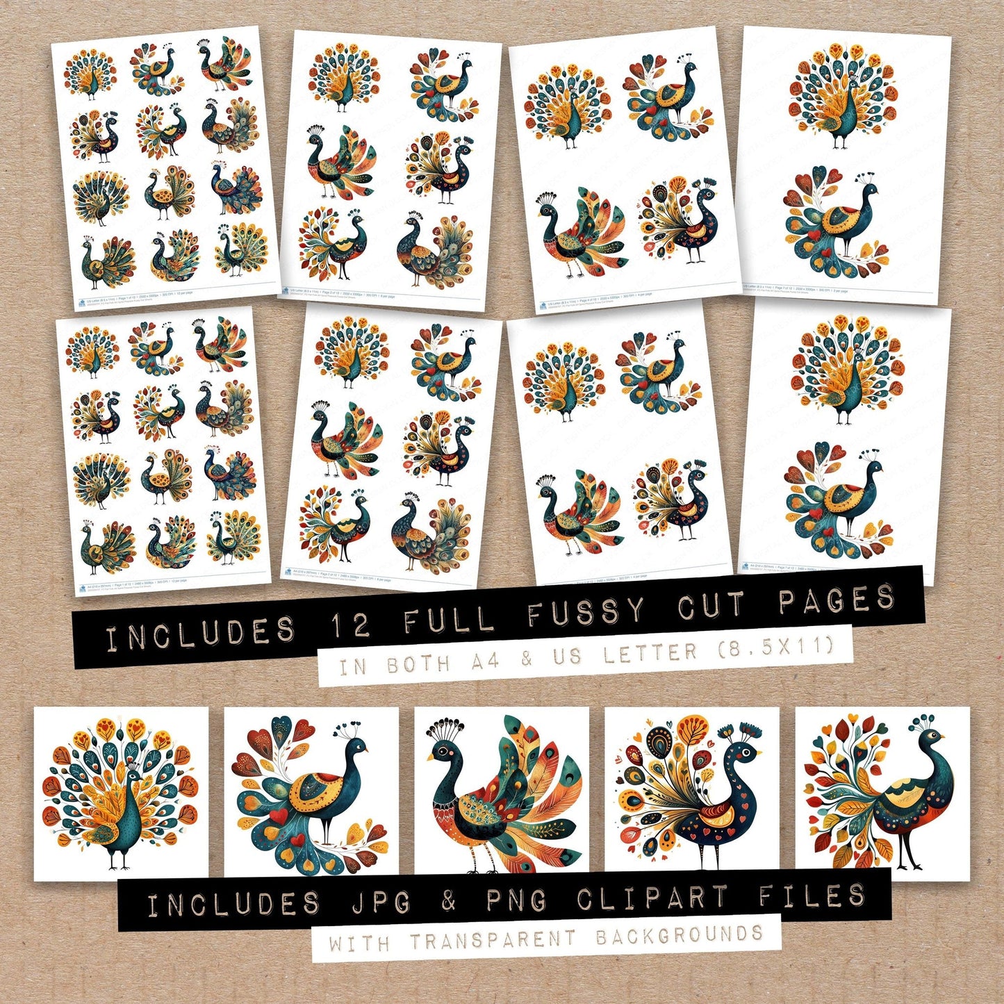 Flat Folk Art Spiral Peacock Fussy Cut Sheets (DDD009727)