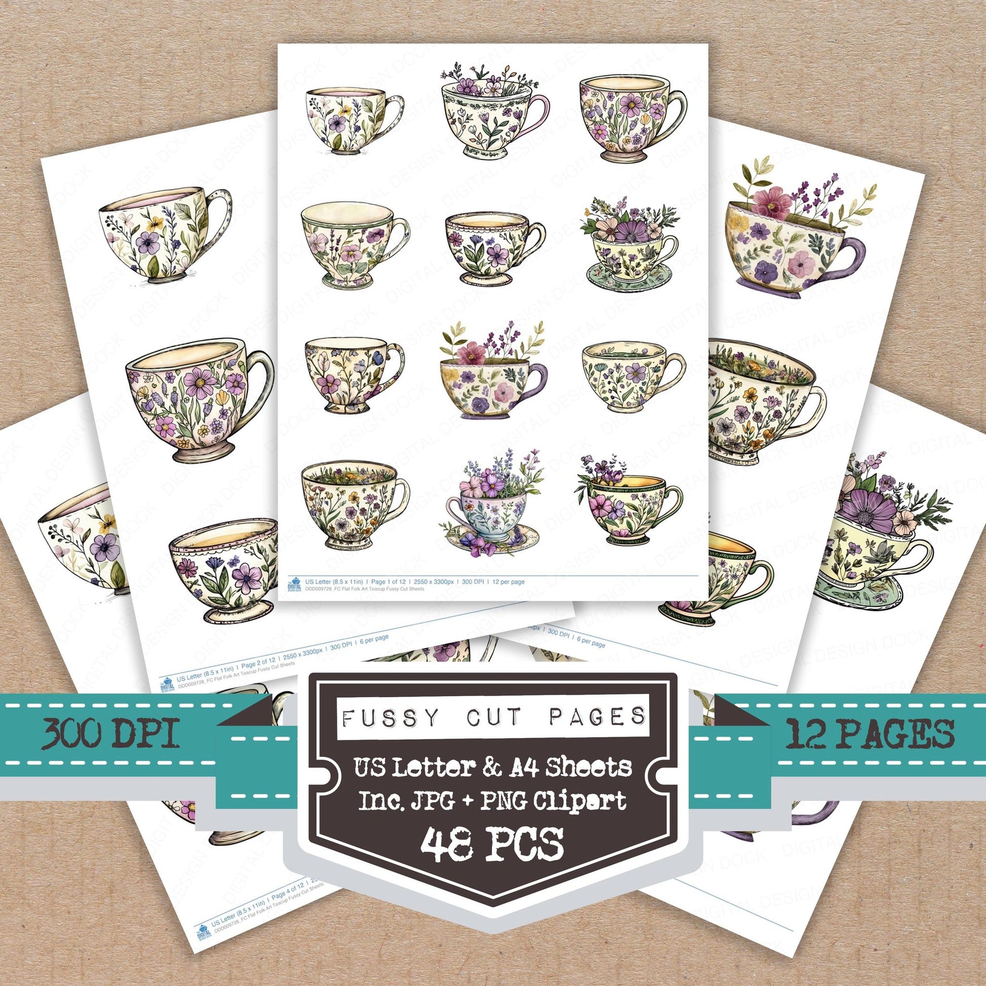Flat Folk Art Teacup fussy cut printable sheets for junk journaling, scrapbooking, and paper craft projects