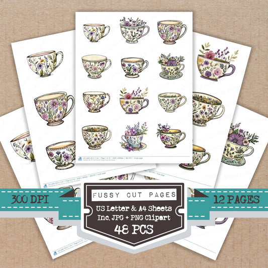 Flat Folk Art Teacup fussy cut printable sheets for junk journaling, scrapbooking, and paper craft projects