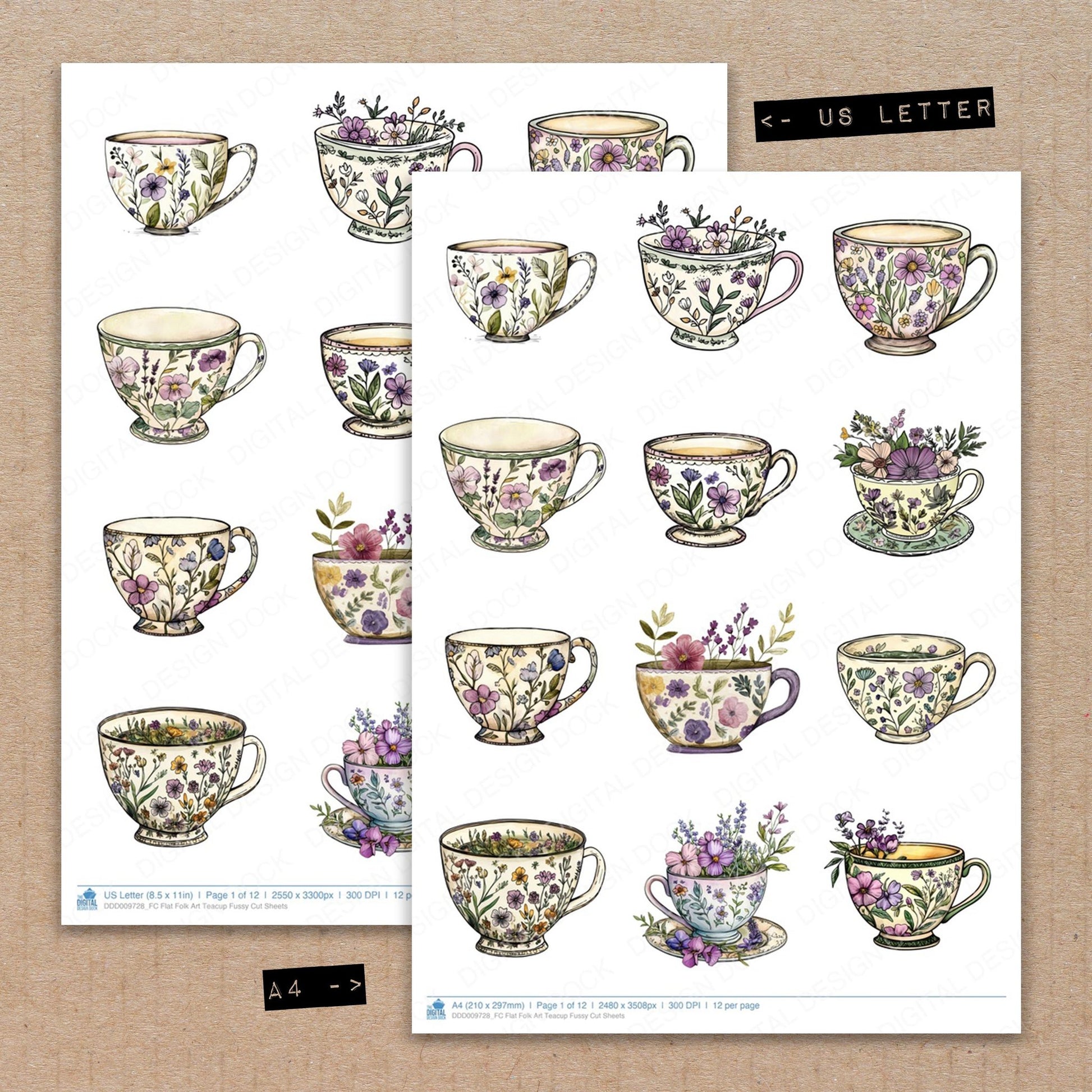 A4 and US Letter format comparison showing Flat Folk Art Teacup fussy cut pages for print and cut crafting