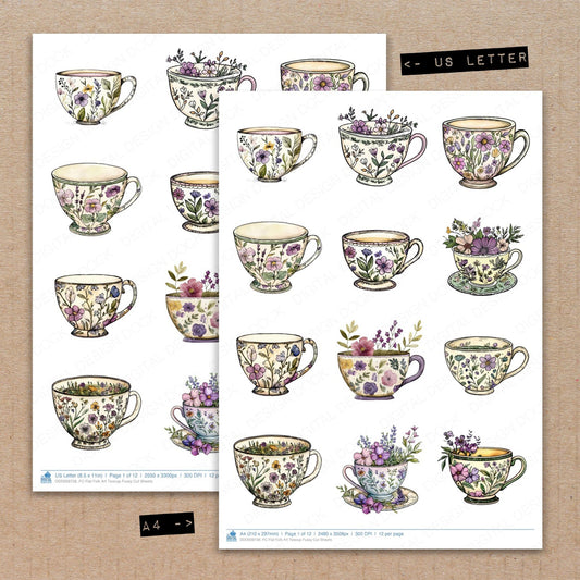 A4 and US Letter format comparison showing Flat Folk Art Teacup fussy cut pages for print and cut crafting