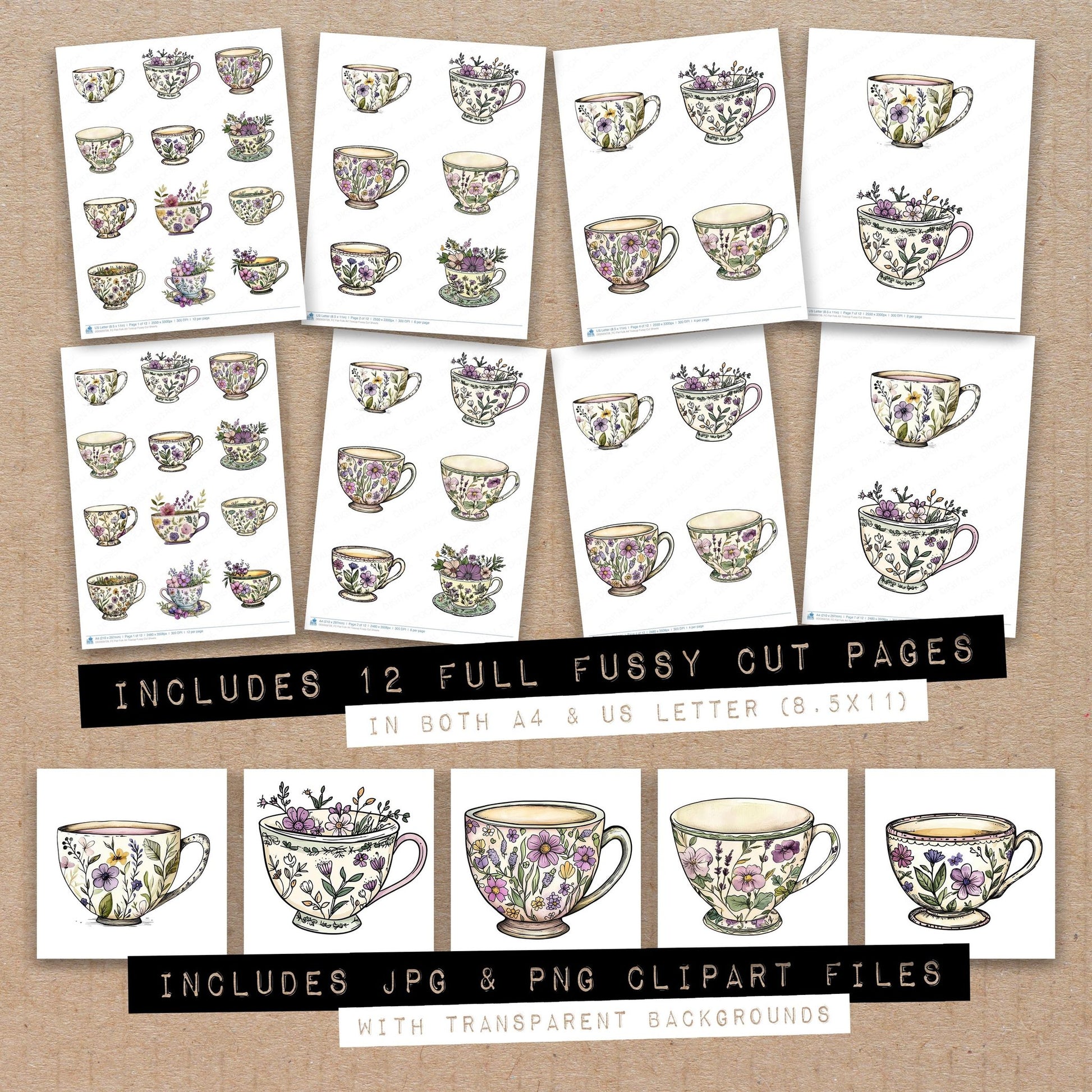 Full collection view of Flat Folk Art Teacup fussy cut sheets with bonus clipart JPG and PNG files