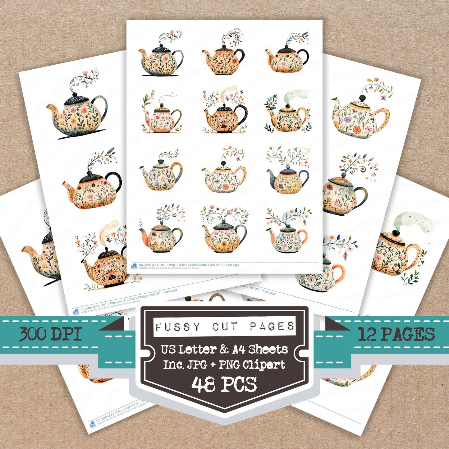 Flat Folk Art Teapot Vines fussy cut printable sheets for junk journaling, scrapbooking, and paper craft projects