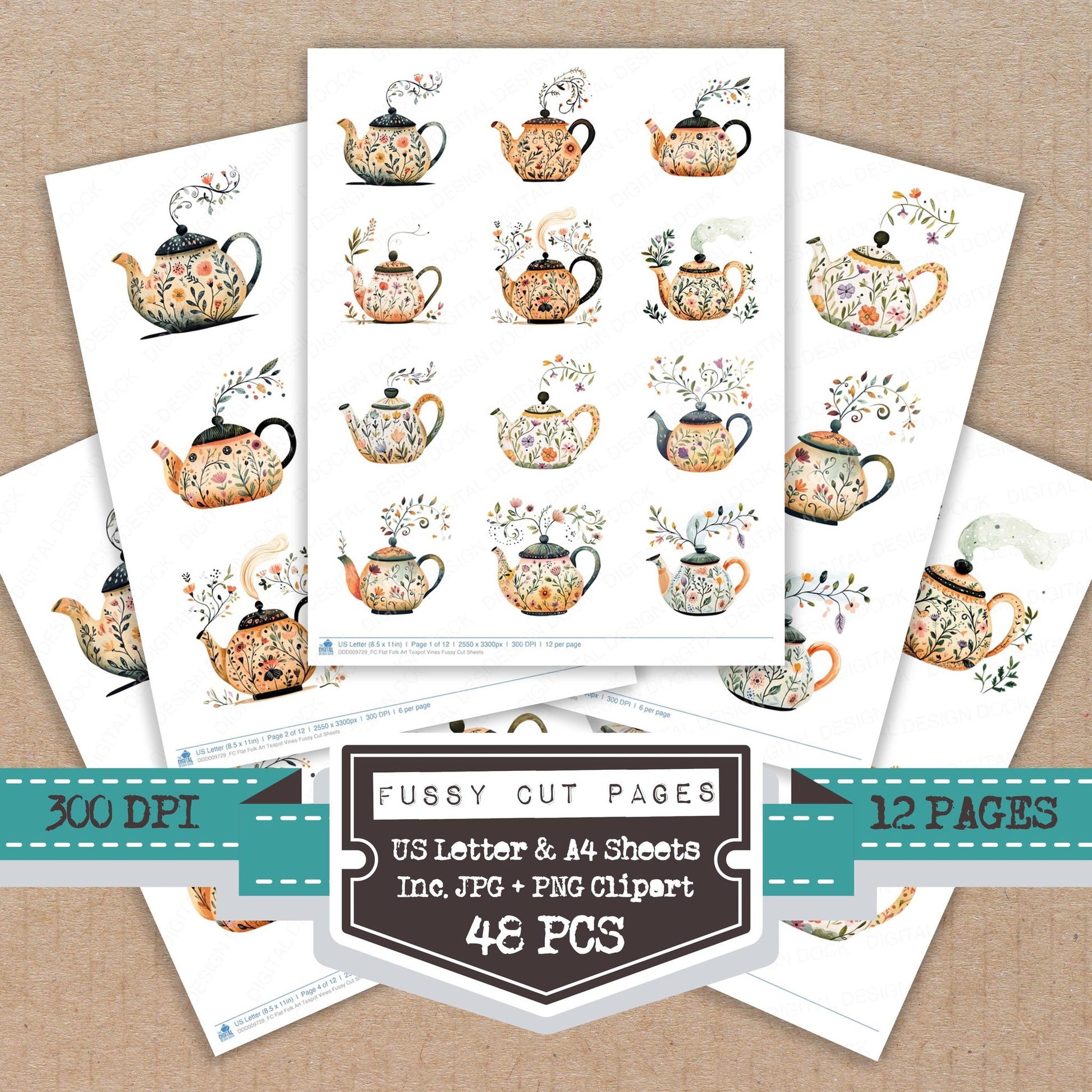 Flat Folk Art Teapot Vines fussy cut printable sheets for junk journaling, scrapbooking, and paper craft projects