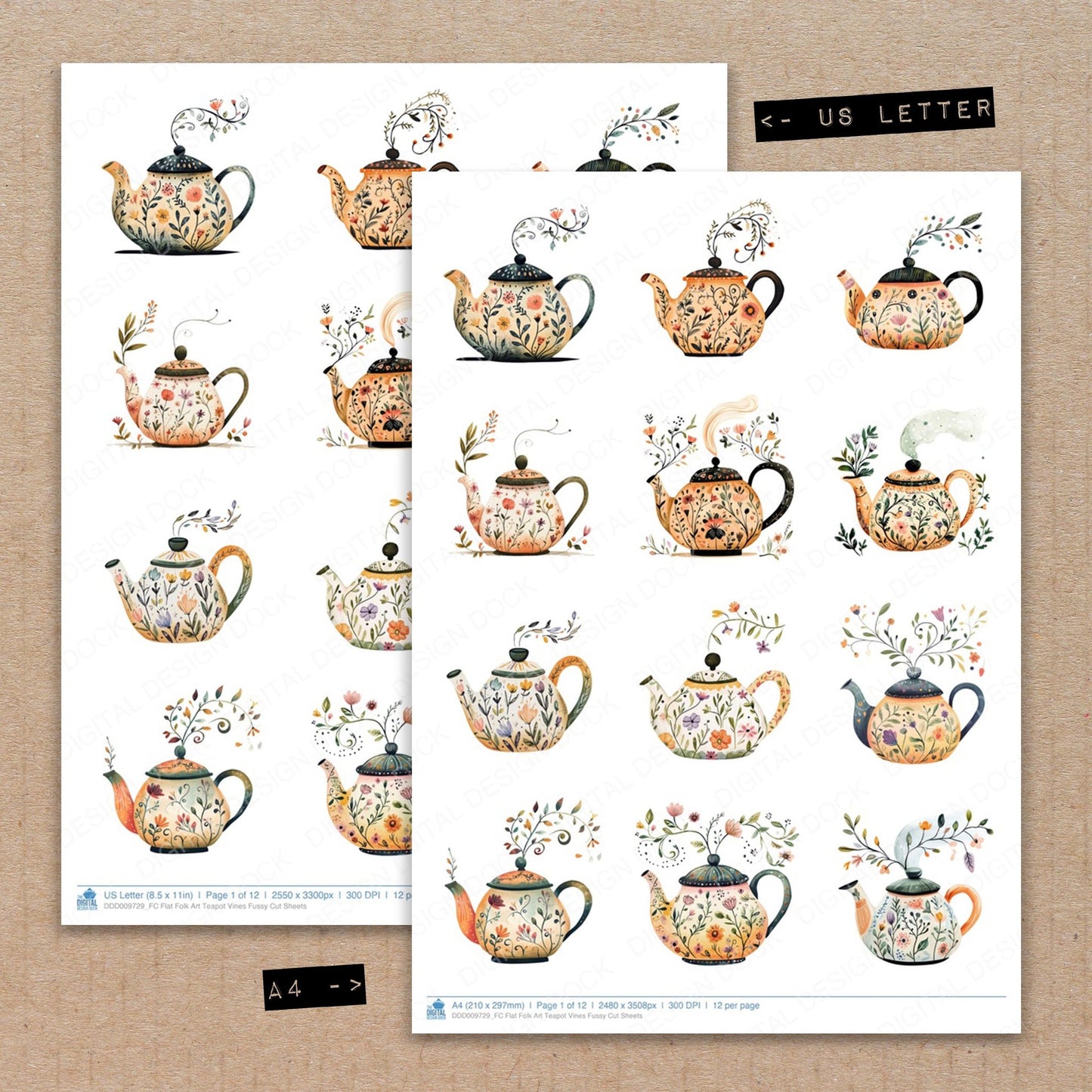A4 and US Letter format comparison showing Flat Folk Art Teapot Vines fussy cut pages for print and cut crafting