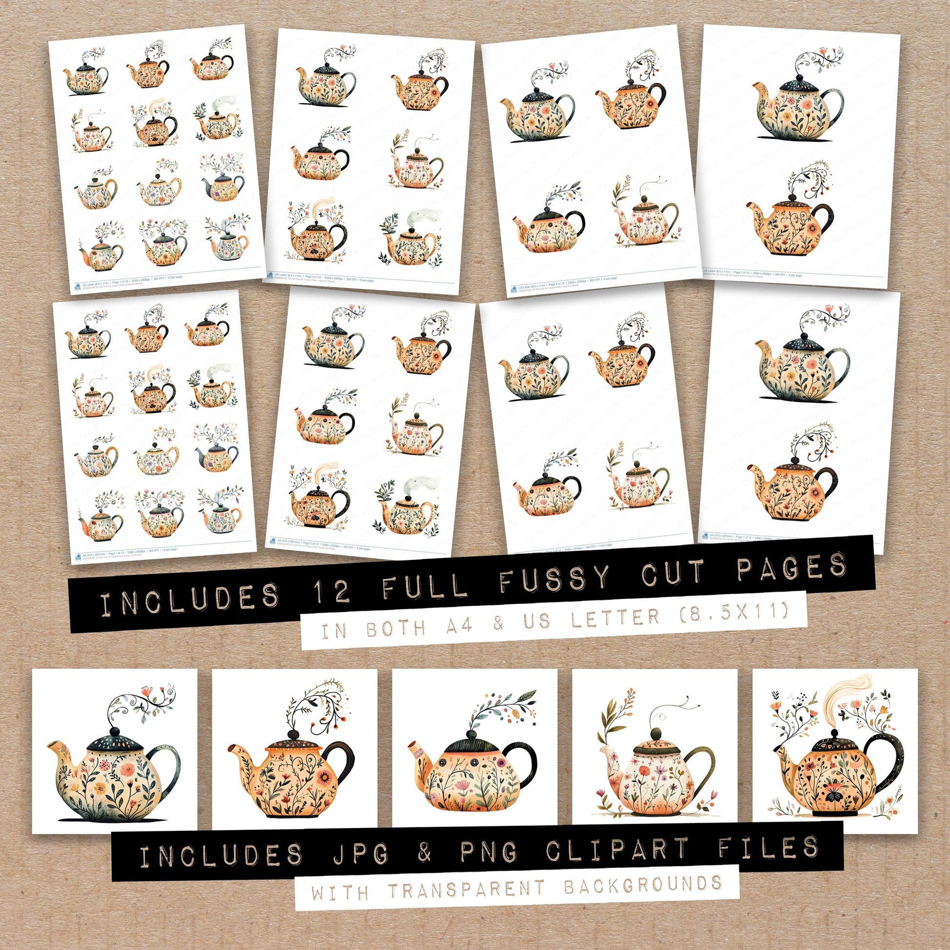 Full collection view of Flat Folk Art Teapot Vines fussy cut sheets with bonus clipart JPG and PNG files