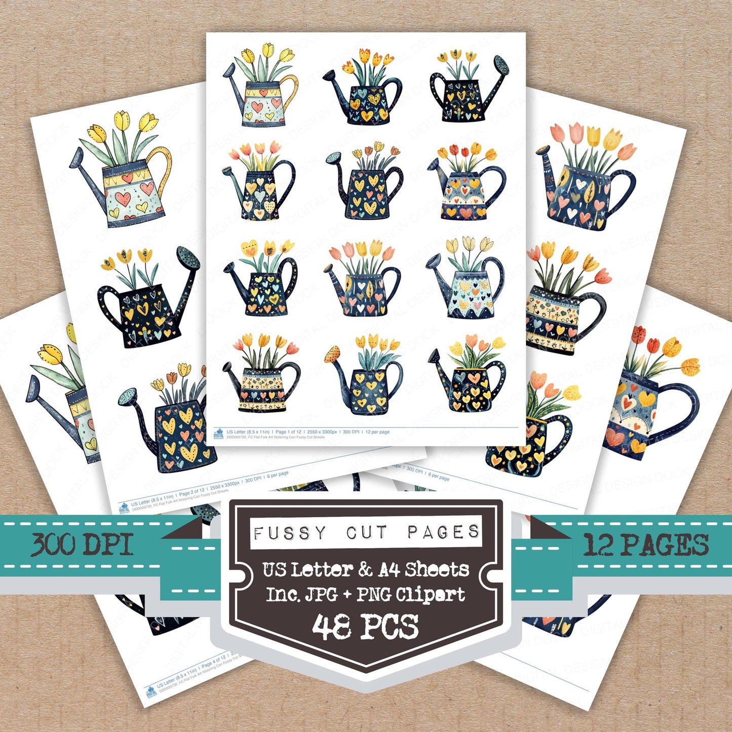 Flat Folk Art Watering Can fussy cut printable sheets for junk journaling, scrapbooking, and paper craft projects