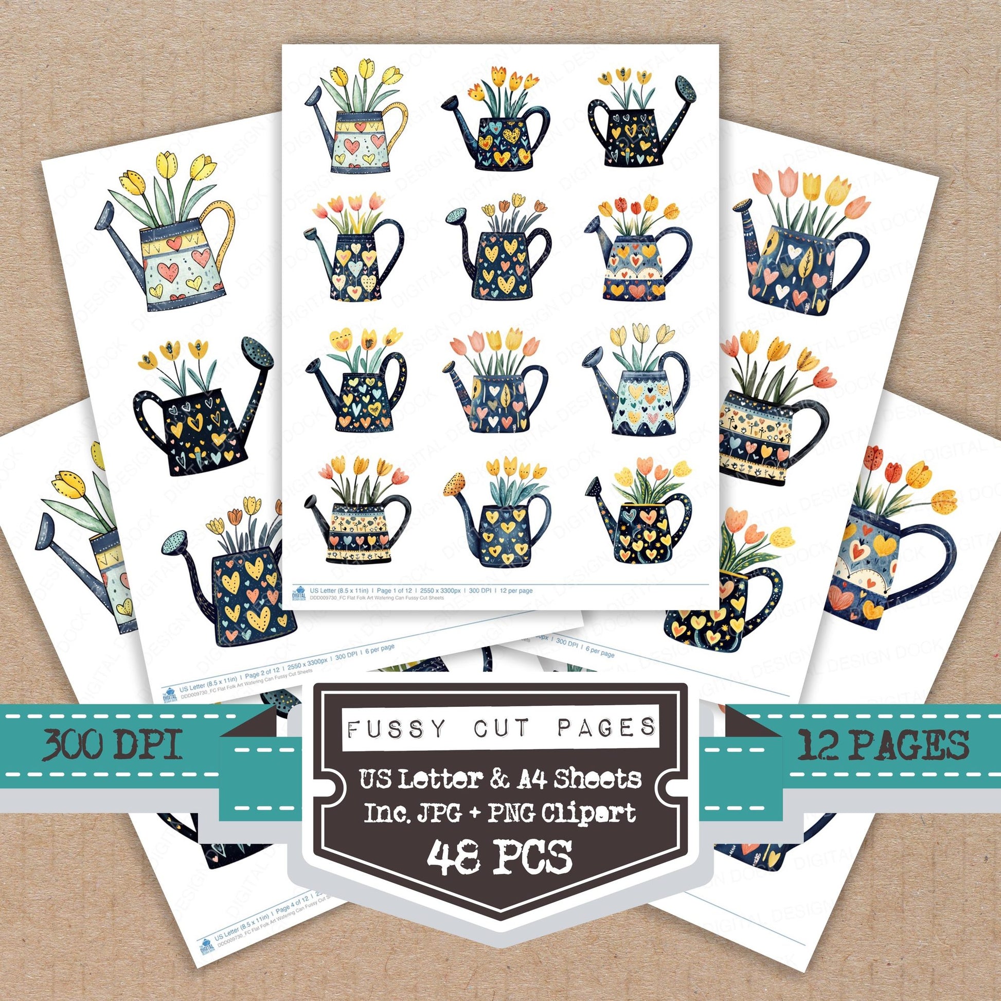 Flat Folk Art Watering Can fussy cut printable sheets for junk journaling, scrapbooking, and paper craft projects