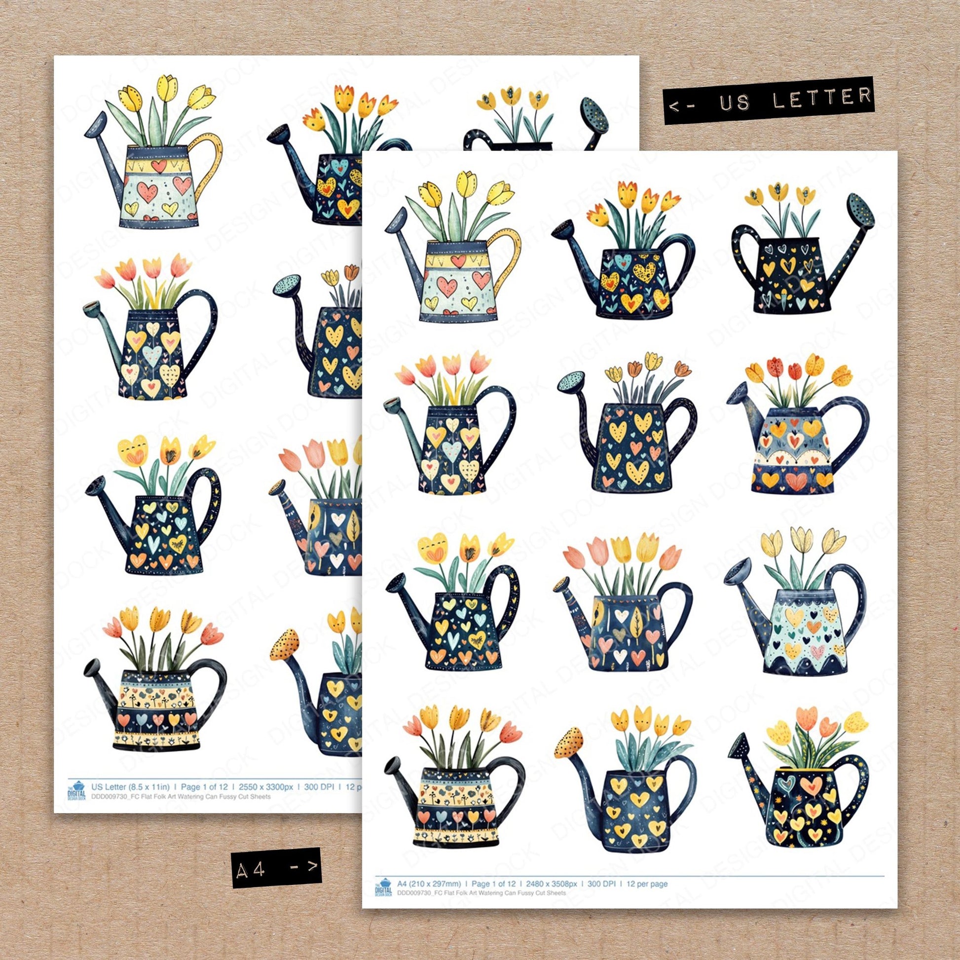 A4 and US Letter format comparison showing Flat Folk Art Watering Can fussy cut pages for print and cut crafting