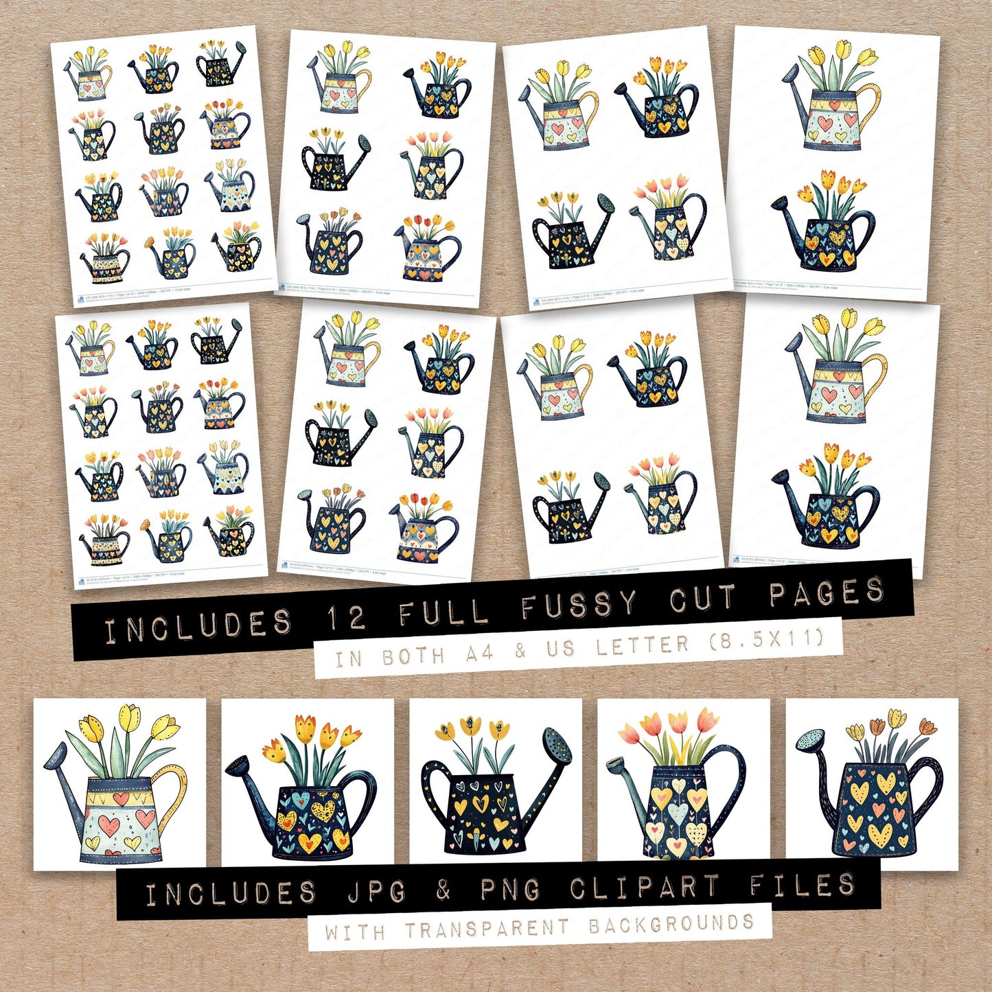 Full collection view of Flat Folk Art Watering Can fussy cut sheets with bonus clipart JPG and PNG files