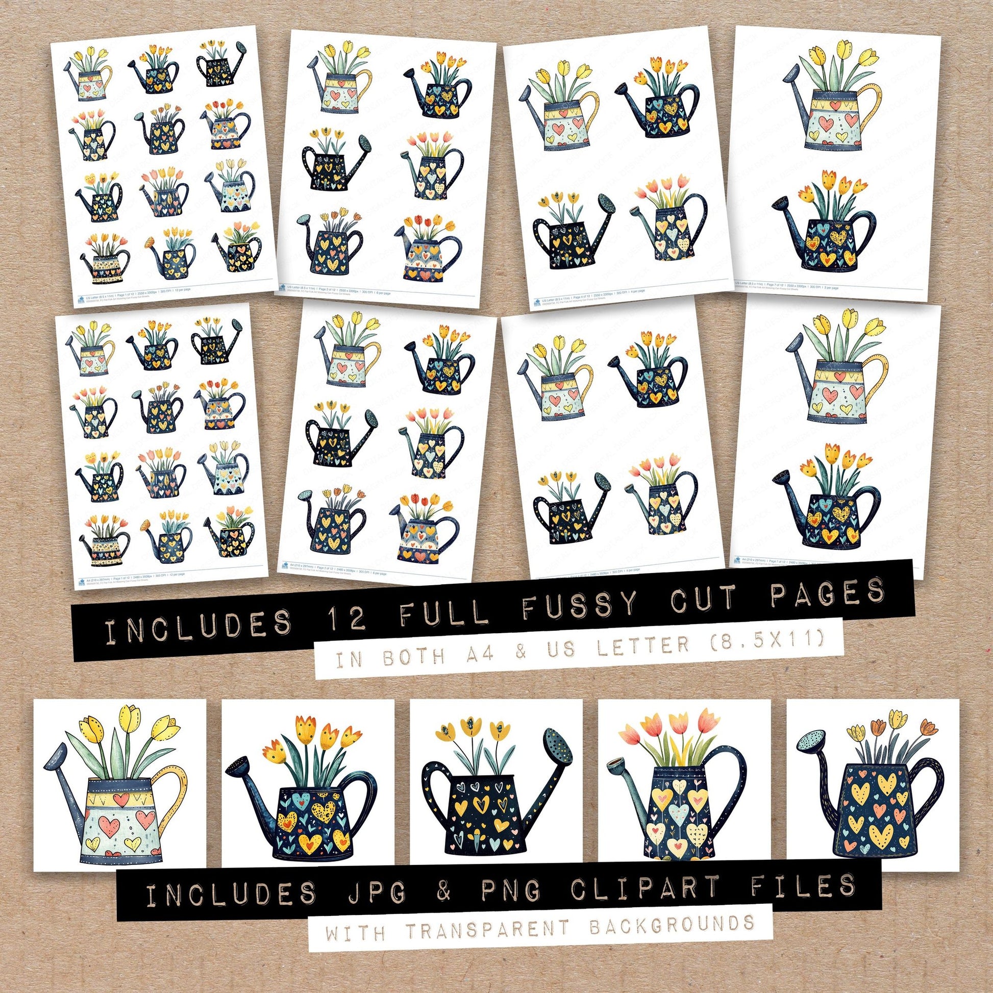 Full collection view of Flat Folk Art Watering Can fussy cut sheets with bonus clipart JPG and PNG files