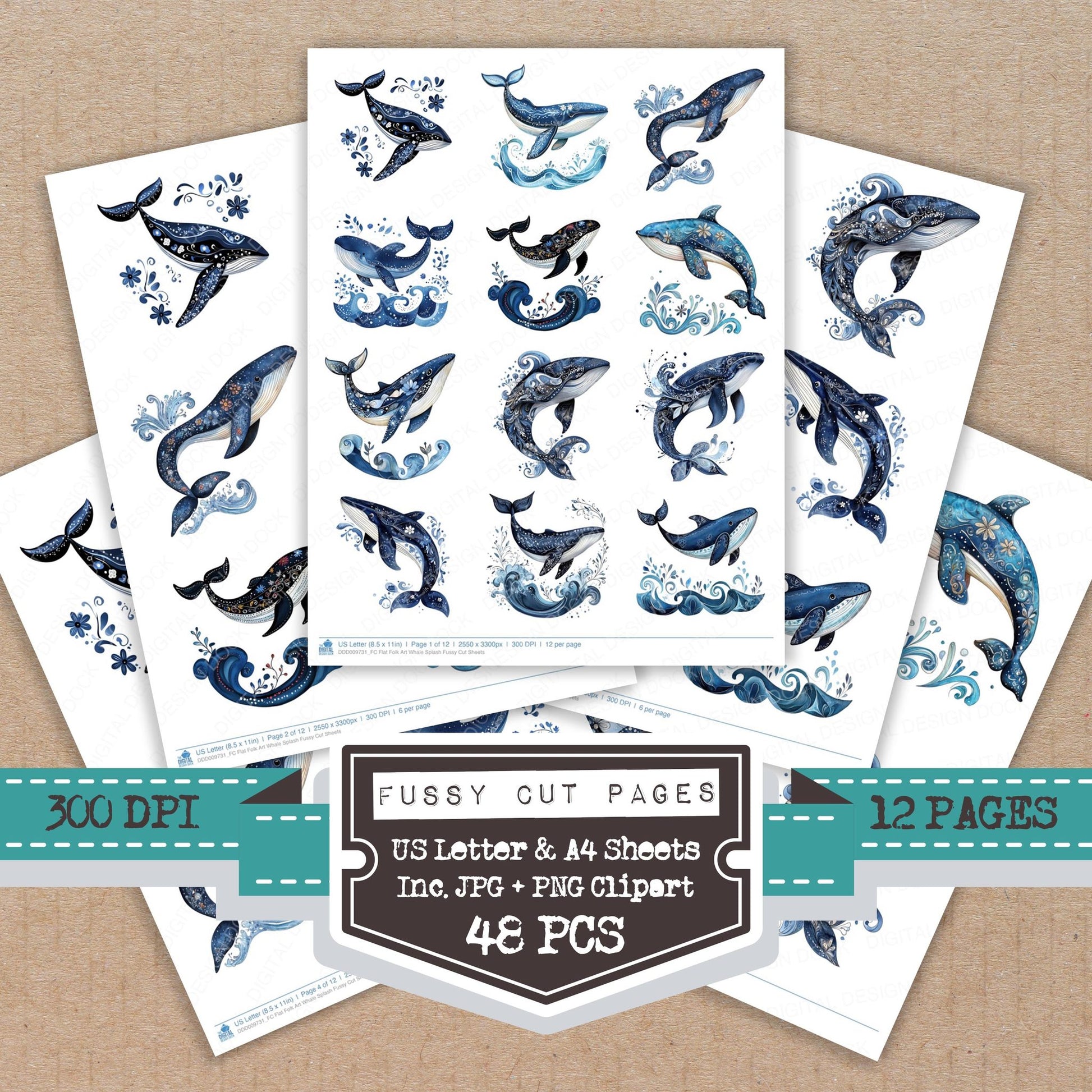 Flat Folk Art Whale Splash fussy cut printable sheets for junk journaling, scrapbooking, and paper craft projects